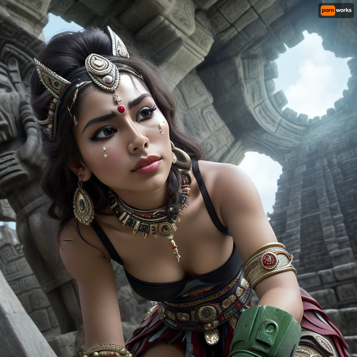 underwater, paint splash, Night Vision, Photorealistic, Very detailed, deep depth of field, ultra-high resolution, Overexposure, Parallax, Wide Angle, Zoom blur, Soft focus, time-lapse, panorama, motion blur, Very bright light with morning ground fog, A young, stunning, wild, seductive, flirtatious, slender Aztec warrior woman with a highly detailed face and war paint. She wears short Aztec warrior clothing and Aztec jewelry. She is performing in a ancient Aztec temple in the Mexican jungle. She is dancing and posing randomly, ((She is praying to a statue of an Aztec god)), She have flat small breasts, natural soft shining skin, soft face and body, She plays romantically with her hair, (She is looking in any direction), (((worm's-eye view))), closeup, *She is lying down*