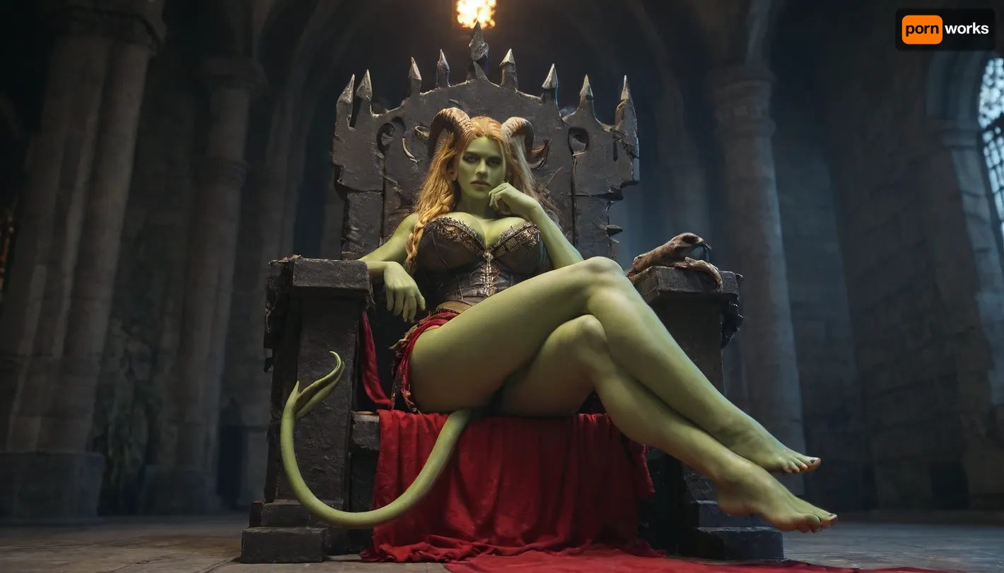 green skin, lay on the high throne, double horn forhead, long braid hair, muscular body, large breast, busty ass, thorn armor, long skirt, dark castle background, right hand touch own chin, boring, darkness, crossed legs, footjob, glowing yellow eyes, big eyes, looking down, view from below and side, Radiant, Darkness, ((te'kharoth, third, eye, tail), horns), unaestheticXL_cbp62, laser, portrait, glowing, <lora:233007_training_data:1.5>, <lora:232116_training_data:2>