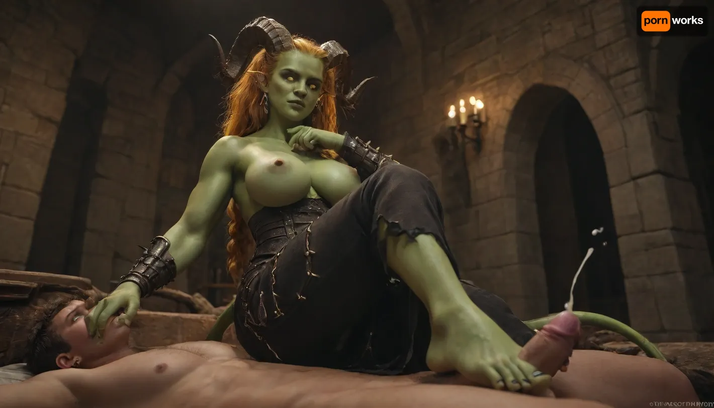 green skin, lay on the bed, double horn forhead, long braid hair, muscular body, large breast, busty ass, thorn armor, long skirt, dark castle background, right hand touch own chin, boring, darkness, crossed legs, handjob, footjob, cumming, glowing yellow eyes, big eyes, looking down, view from below and side, Radiant, Darkness, ((te'kharoth, third, eye, tail), horns), unaestheticXL_cbp62, laser, portrait, glowing, <lora:233007_training_data:1.5>, <lora:232116_training_data:2>