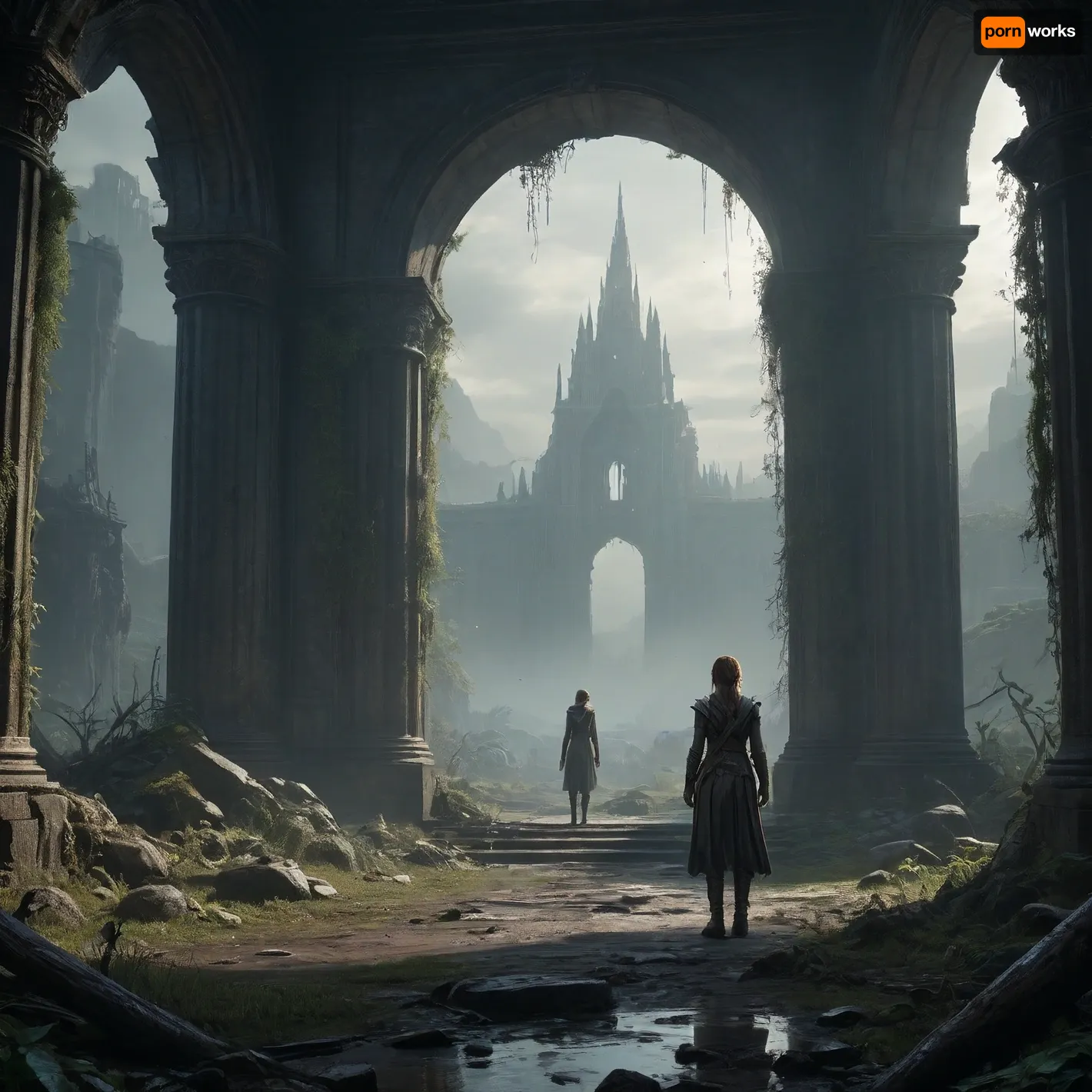 A dark fantasy dystopian scene with a highly detailed and atmospheric environment. The world is ruined yet magical — overgrown ruins, polluted with glowing anomalies, twisted nature, and remnants of lost civilizations. The light is dim or unnatural, casting eerie shadows. Creatures and characters are mystical but scarred by the harsh world — hybrids, beast-like beings, elves, or fairies with a dangerous or wild edge. The art style combines cyberpunk elements with medieval fantasy, featuring muted colors, metallic textures, glowing runes, and post-apocalyptic flora. Emphasize mystery, decay, and hidden ancient power.