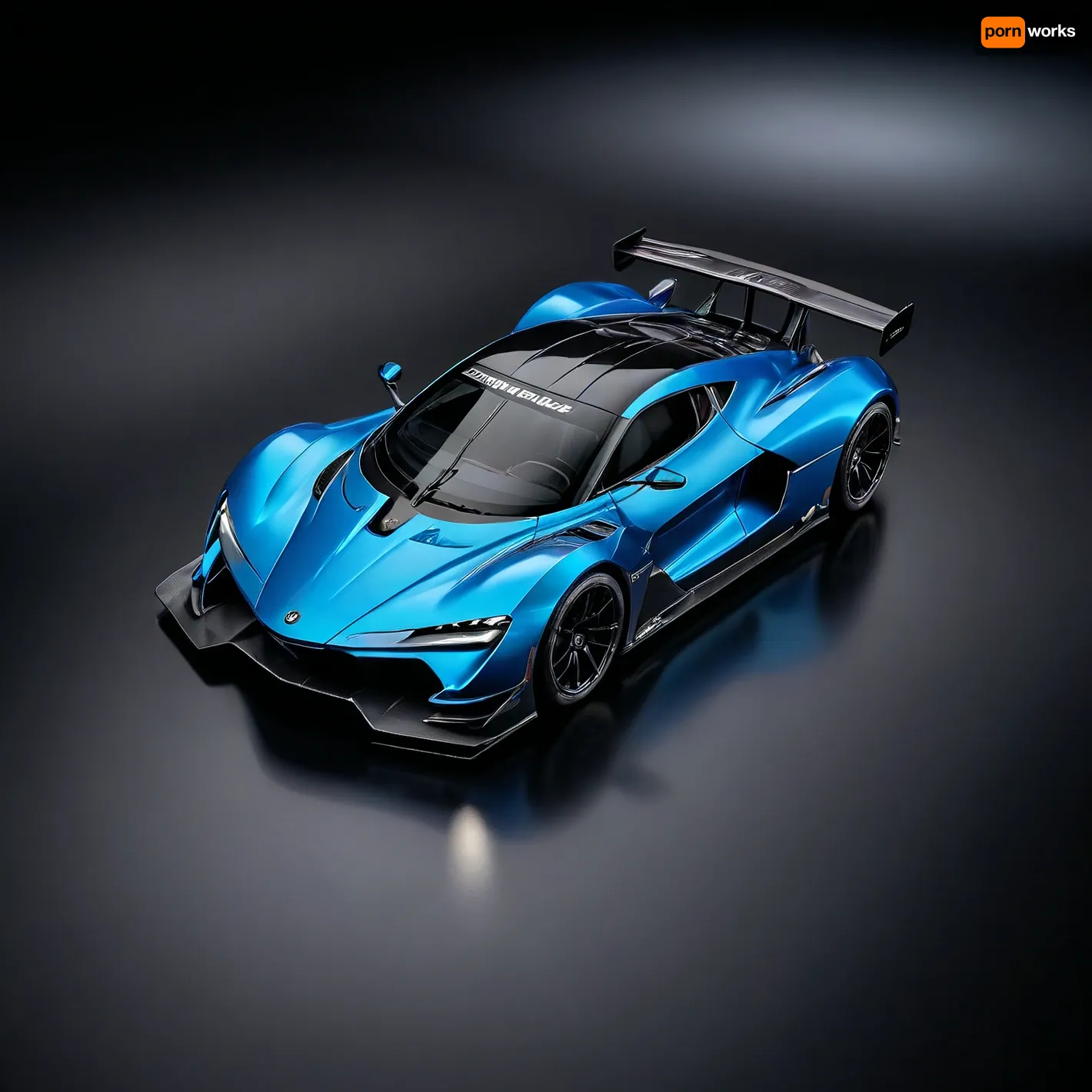masterpiece, best quality, ultra-detailed, 8K, photo-realistic, full body, isometric view, from front, cyber world, metallic blue and black racing_car parked, (simple black background:1.2)