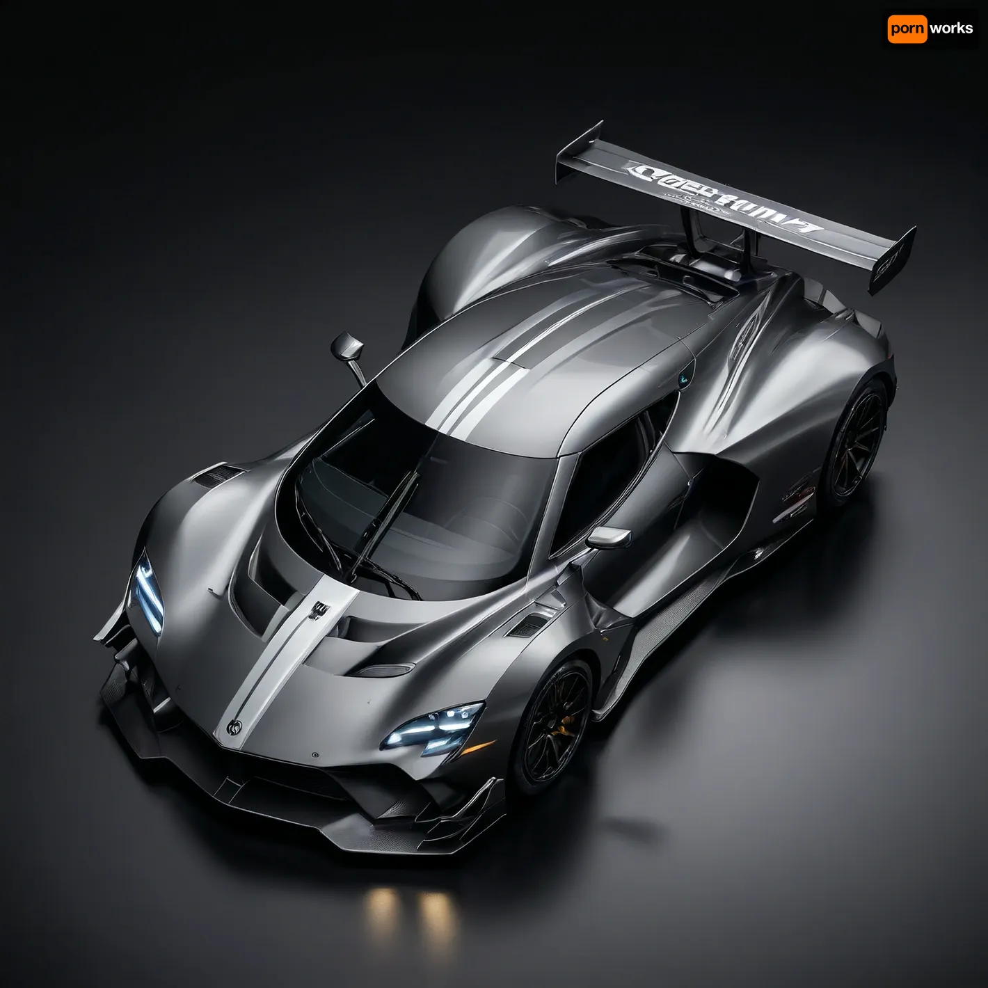 masterpiece, best quality, ultra-detailed, 8K, photo-realistic, full body, isometric view, from front, cyber world, gunmetal and black rugged racing_car parked with wing_motif white_decoration, (simple black background:1.2)