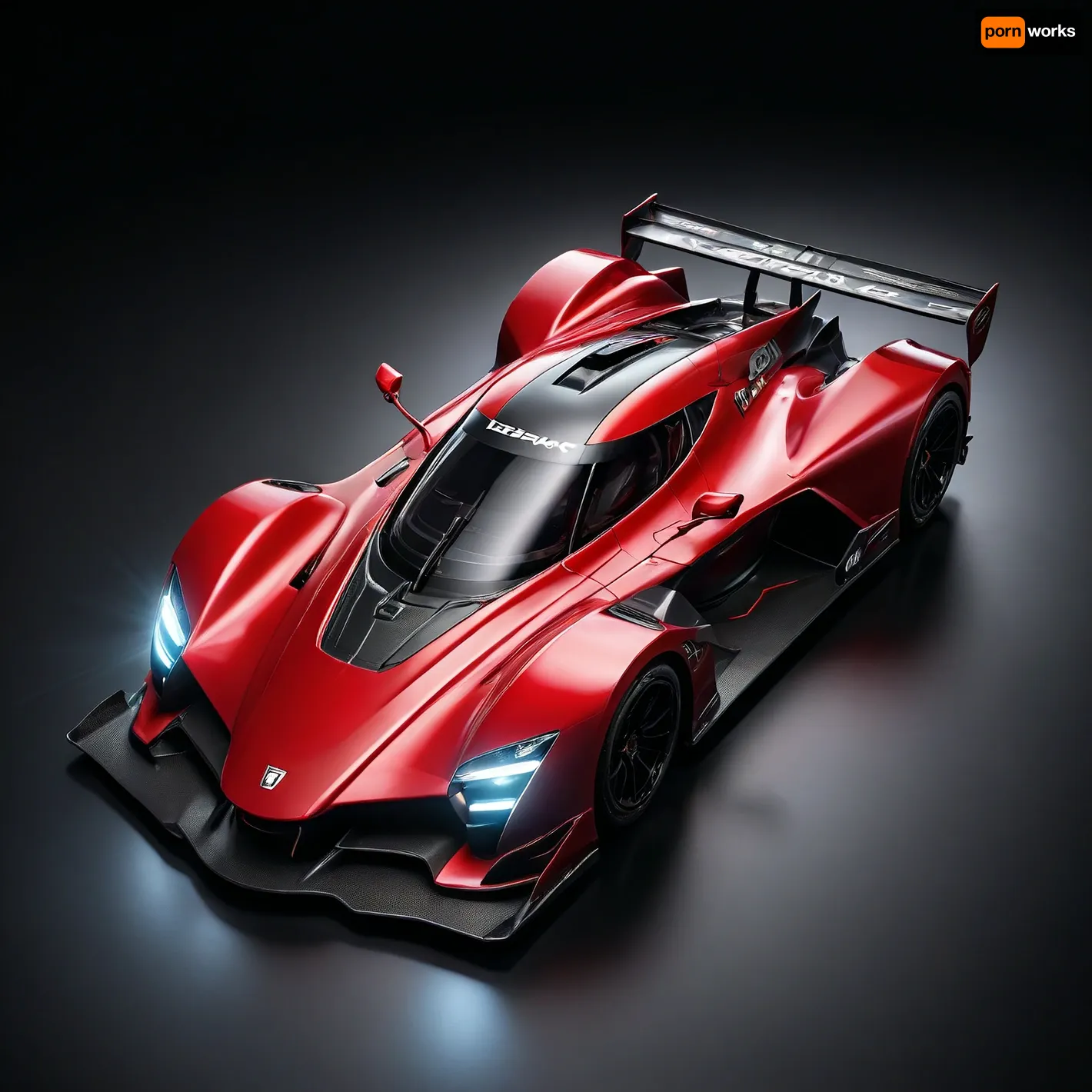 masterpiece, best quality, ultra-detailed, 8K, photo-realistic, full body, isometric view, from front, cyber world, red racing_car parked, (simple black background:1.2), under lighting