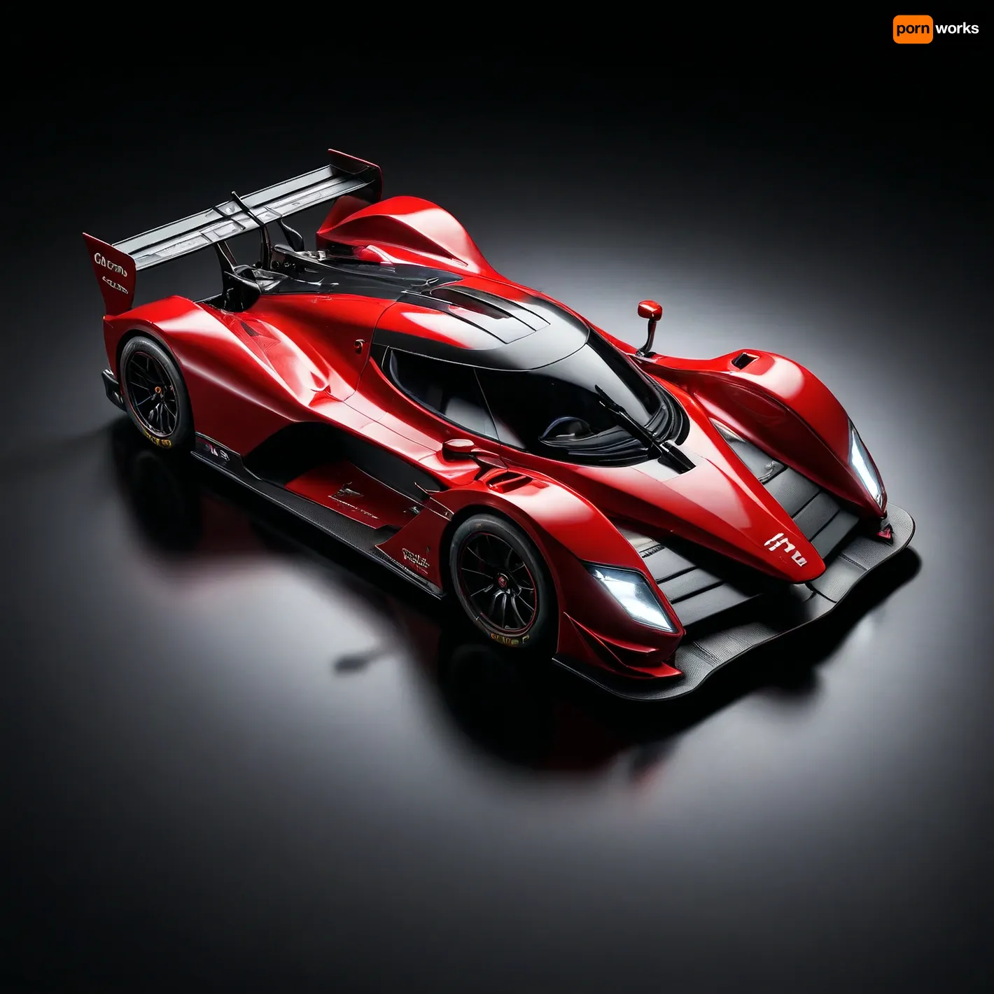 masterpiece, best quality, ultra-detailed, 8K, photo-realistic, full body, isometric view, from front, cyber world, red racing_car parked, (simple black background:1.2), under lighting