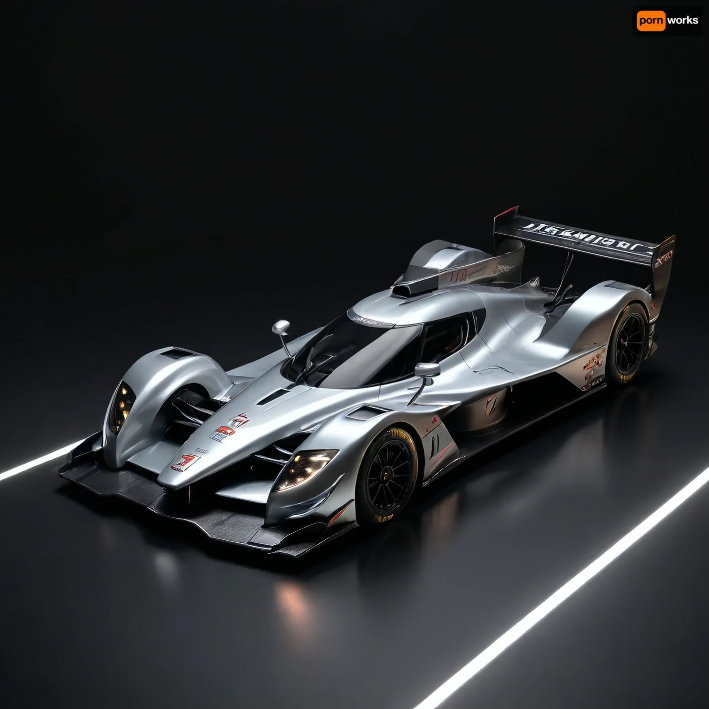 masterpiece, best quality, ultra-detailed, 8K, photo-realistic, full body, isometric view, from front, cyber world, Dark-gray racing_car parked, (Su-47:.7), silver-decoration, (simple black background:1.2), under lighting