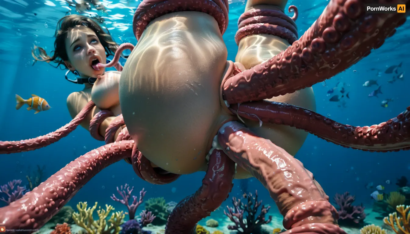 High-definition, 20 meters underwater, (1man, half-octopus man with very many tentacle arms but the torso of a man and a huge cock:1.3), (floating above the seafloor in zero gravity), (1woman, large, breasts, a helpless and beautiful female scuba diver wearing a full-face scuba mask over her eyes and a one-piece swimsuit), (dive knife has fallen from her hand and an empty sheath is strapped to her thigh:1.1), (the monster is mounting her and impregnating her with its tentacles:1.3), (multicolored tentacles), (doggy sex position), (full-face scuba mask:1.4), (air bubbles leaving her mouth:1.4), (orgasm face:1.4), (ahegao:1.1), (double penetration:1.3), (tentacles in pussy), (tentacles in ass), (tentacles wrapped around her body:1.4), (deep underwater:1.3), (lots of fish:1), (detailed face and eyes:1.3), (facing viewer:1.3), (close-up view of face:1.2), (precum:1.2)