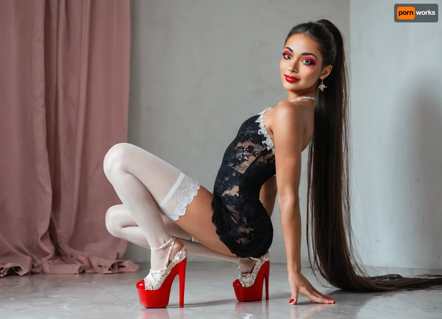 strikingly beautiful woman, slender, very cute tall, (very small breasts), beautiful eyes, open eyes, narrow shoulders, beautiful, attractive, natural beauty, slim latina, very very very long black straight hair, high ponytail, ((black short lace dress)), ((white lace stockings)), ((red platform shoes)), rainbow makeup, deep red lips, ((in her pink room)), he crouches with legs wide apart, with camera in hand, (((he is holding a foto camera in his hand))), whole body visible, delicate smile, (best quality), (realistic, photorealistic), (high detailed skin), soft lighting, sharp focus, high quality, beautiful proportions, (wide hips), round ass, thick, thin arms, natural light, vulnerable, innocent, sexy