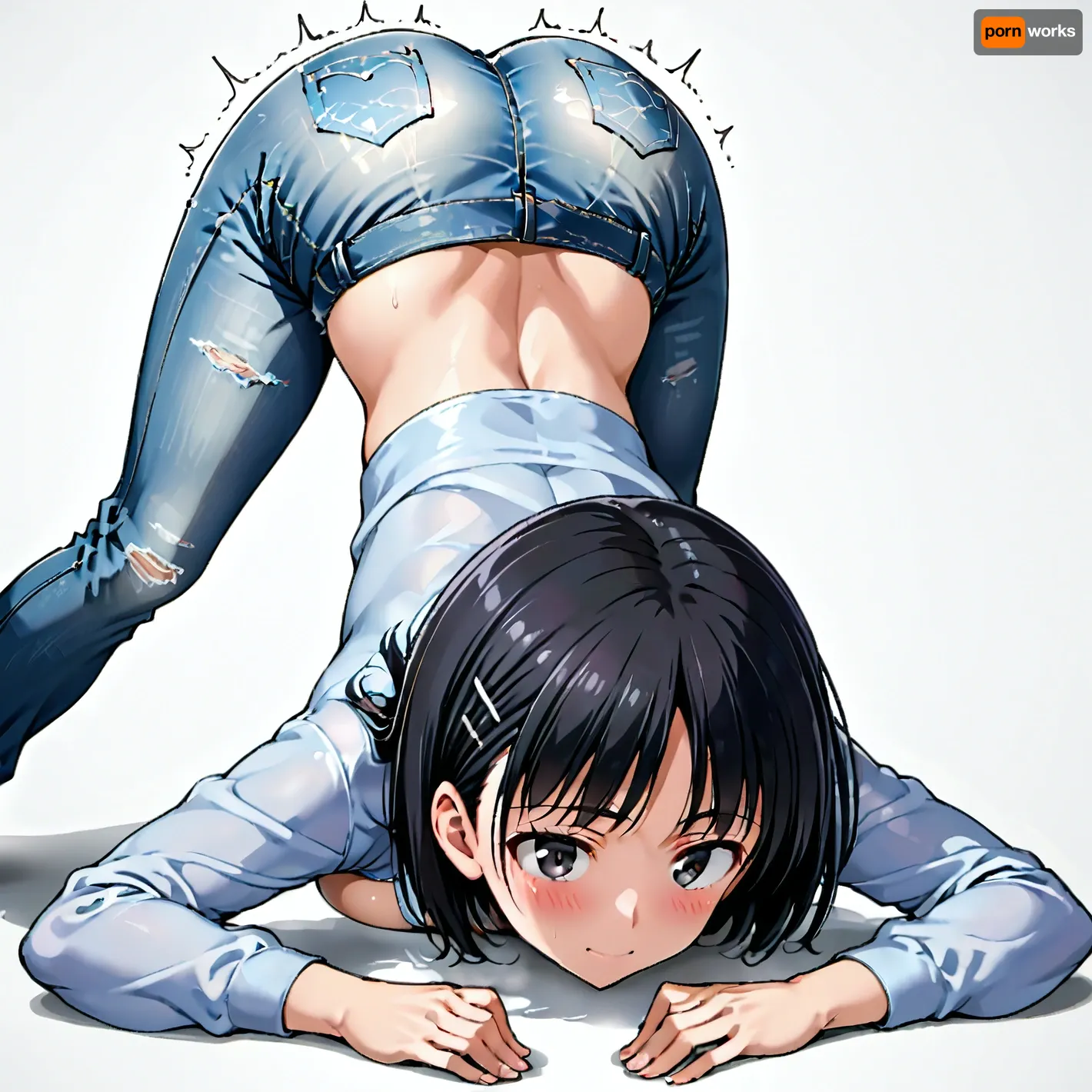 Suguha Kirigaya, body trembling, white background, tight jeans, face down, ass up, solo