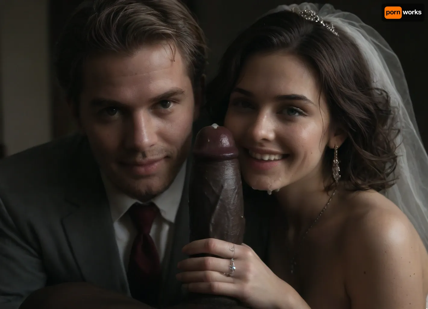 interracial, pov of black penis ., (((1white cuckold husband in suit is behind the bride hugging the bride he is happy and look at the camera))), very large black penis, The happy chubby Persian bride in sexy wedding dress, cum driping bride's chain' cum driping from black penis, drinking sperm from transparent glass cup, there is glossy and sticky sperm in cup, cup full of sperm, cum swallowing, ((gokkun)), (((cum drenched woman and man's face))), . cum dripping from the corners of her lips, The woman holds the cup under the black cock., happy, woman, cum, on, face, <lora:671410_training_data:1.1>, <lora:dark:.5>, <lora:677862_training_data:.8>, <lora:happy_v2:1>, <lora:JustCum:.8>