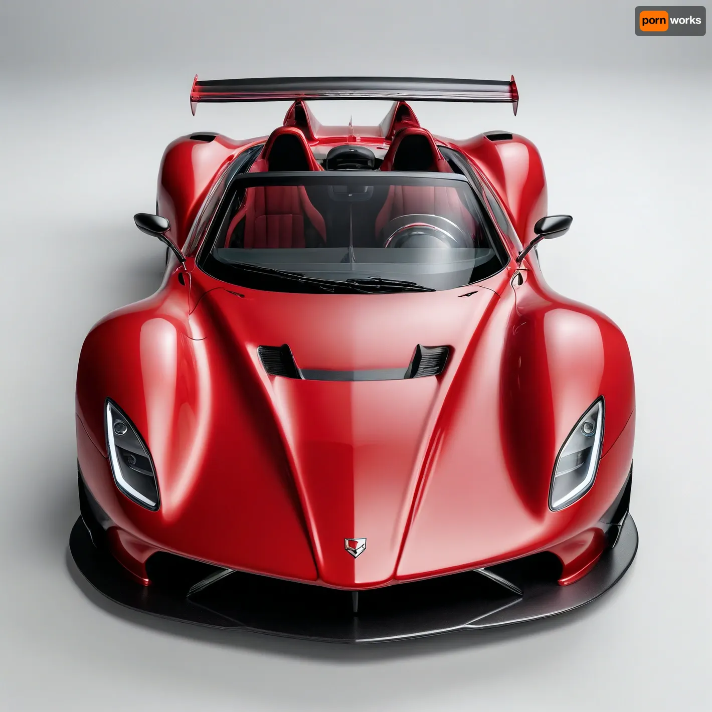 masterpiece, best quality, ultra-detailed, 8K, (photo-realistic:1.3), full body, from front, symmetrical Edged shaped car, metallic Red Convertible prototype racing_car parked, Black brush-line decoration, large rear-wing, front-wing, winglet, shark-fin, Muffler on the upper rear surface, (simple white background:1.2), under lighting, neon light on floor, no_human