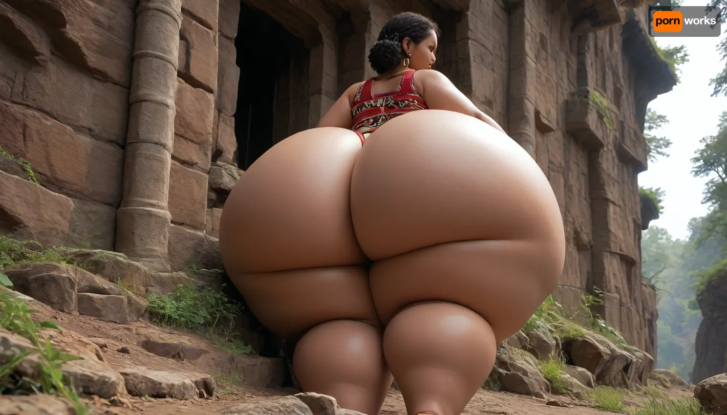 (((a fat heavy woman with a gigantic ass, (Hyper thighs:1.2), hyper ass, (wide hips), thick thighs, chubby calves, chubby, african race))), in a temple made of trees, tribal clothes, climbing a cliff