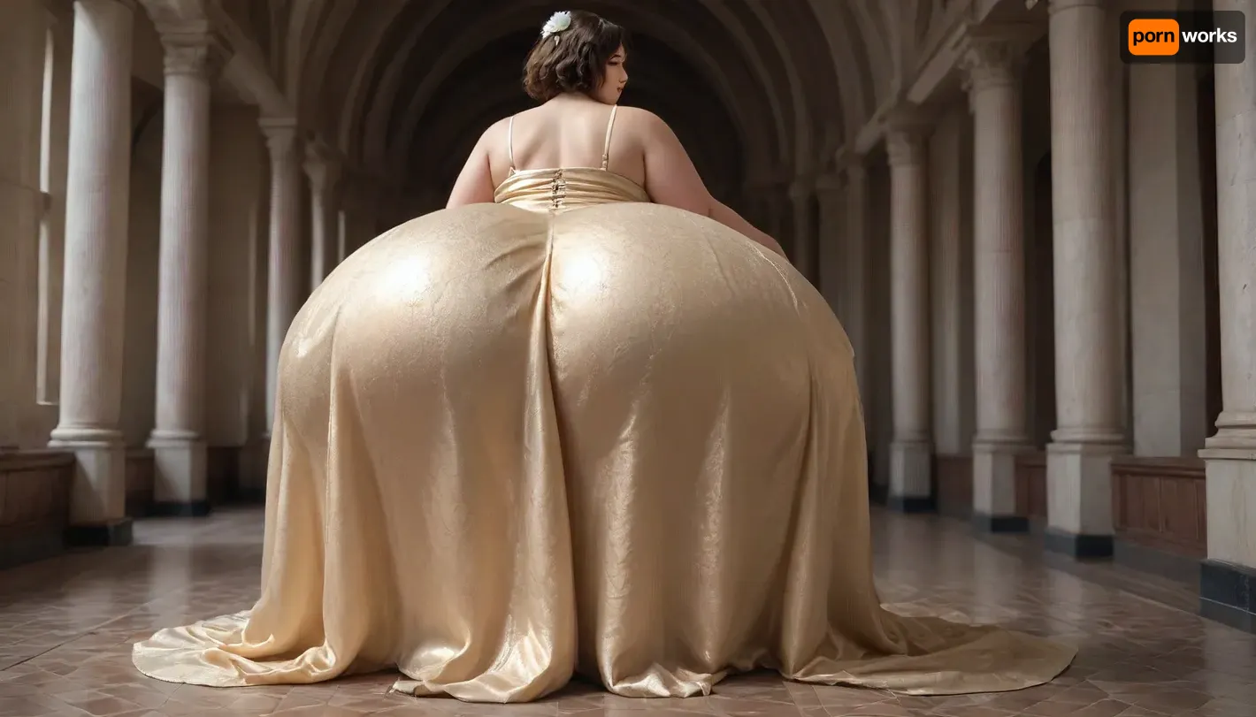 one solo woman, a chubby woman with a gigantic ass, Hyper ass, massive ass, hyper hips, thick thighs, chubby calves, chubby, brown hair, wearing dress