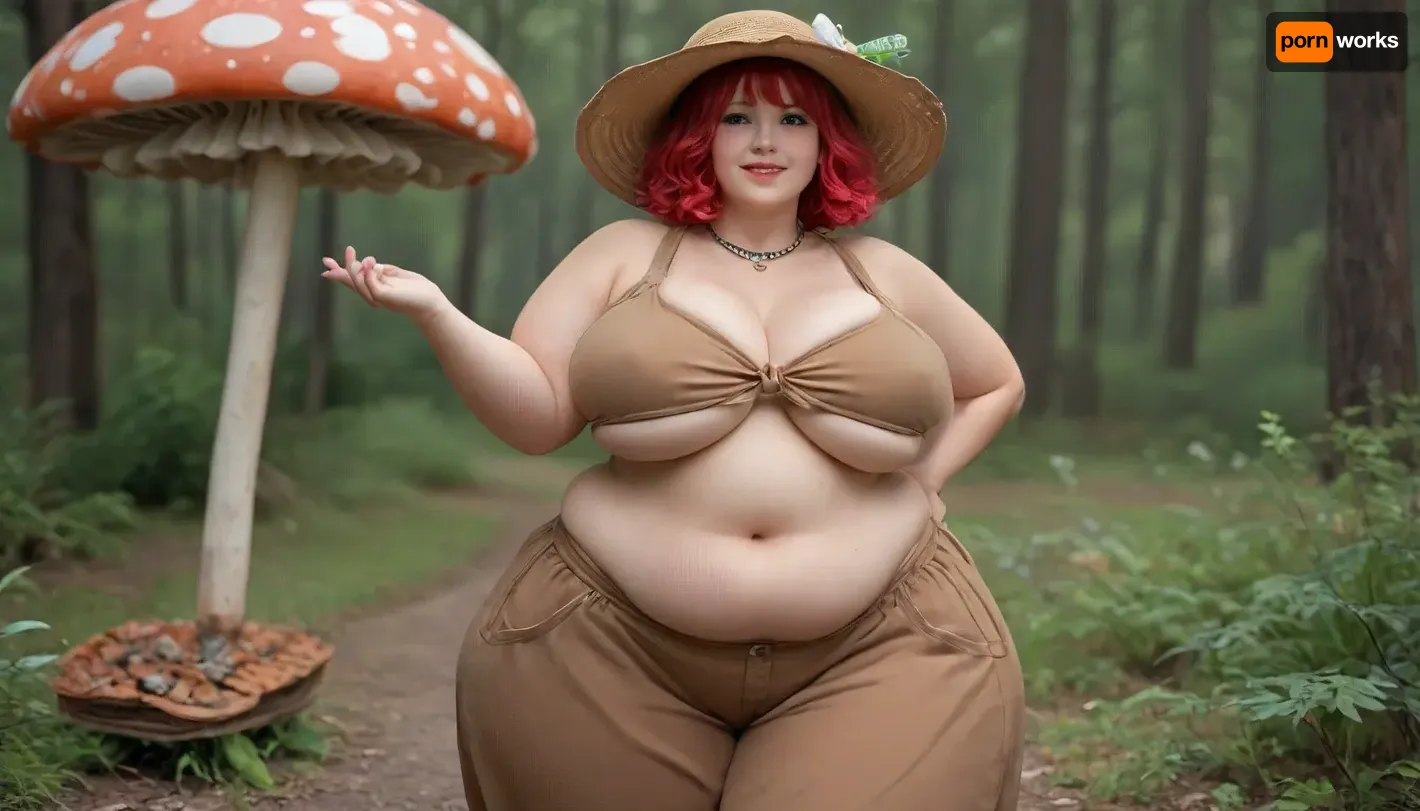 Cute chubby woman, (massive shallow flst soft breasts:1.3), (plump:1.3), chubby belly, (hyper hips:1.3), massive ass, happy, leaning on a giant mushroom, styled red hair, pale white skin, (baggy brown clothing:1.4), underboob