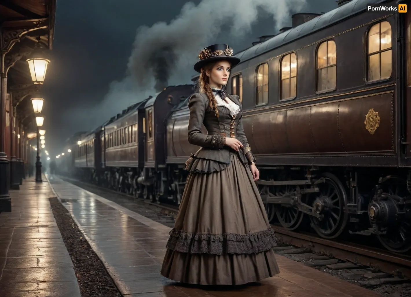 steampunk style railroad station, train arriving, steam locomotive first, late night, rainy windy whether, meet-and-greet girl in victorian dress standing aroundб зhotos in photochrome technique