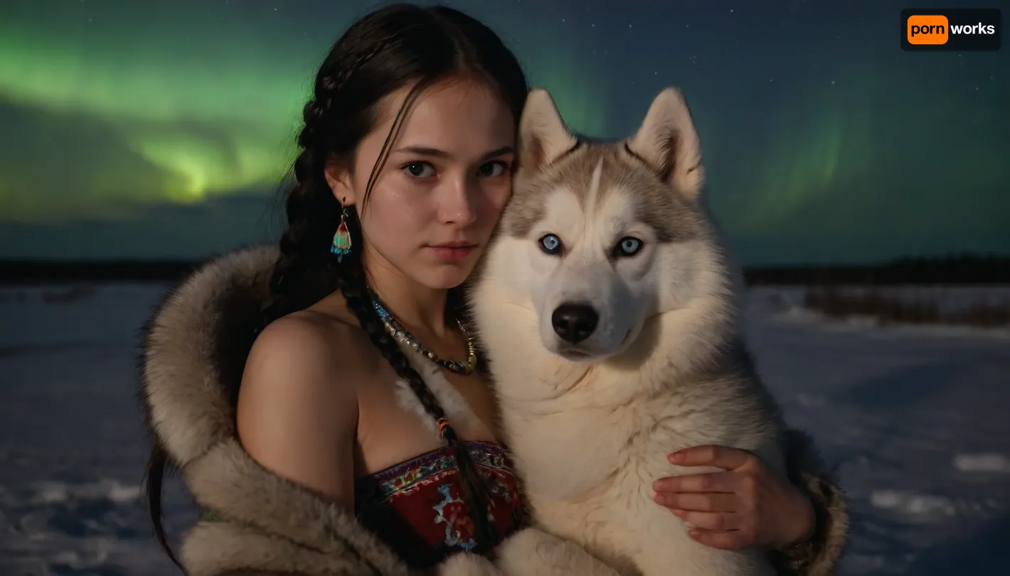 Siberian snowy tundra, night, northern lights, national dwelling from skins, chum, near the chum squats a beautiful young Evenk girl, wearing beautiful fur national clothes, clothes decorated with beads and national northern embroidery, long black hair is braided into two pigtails, the top of the parka is unbuttoned, ((the girl's breasts are barely covered, one nipple is visible)), the girl is hugging a fluffy Siberian husky, full-color picture, 8K quality, the whole body is in the frame.