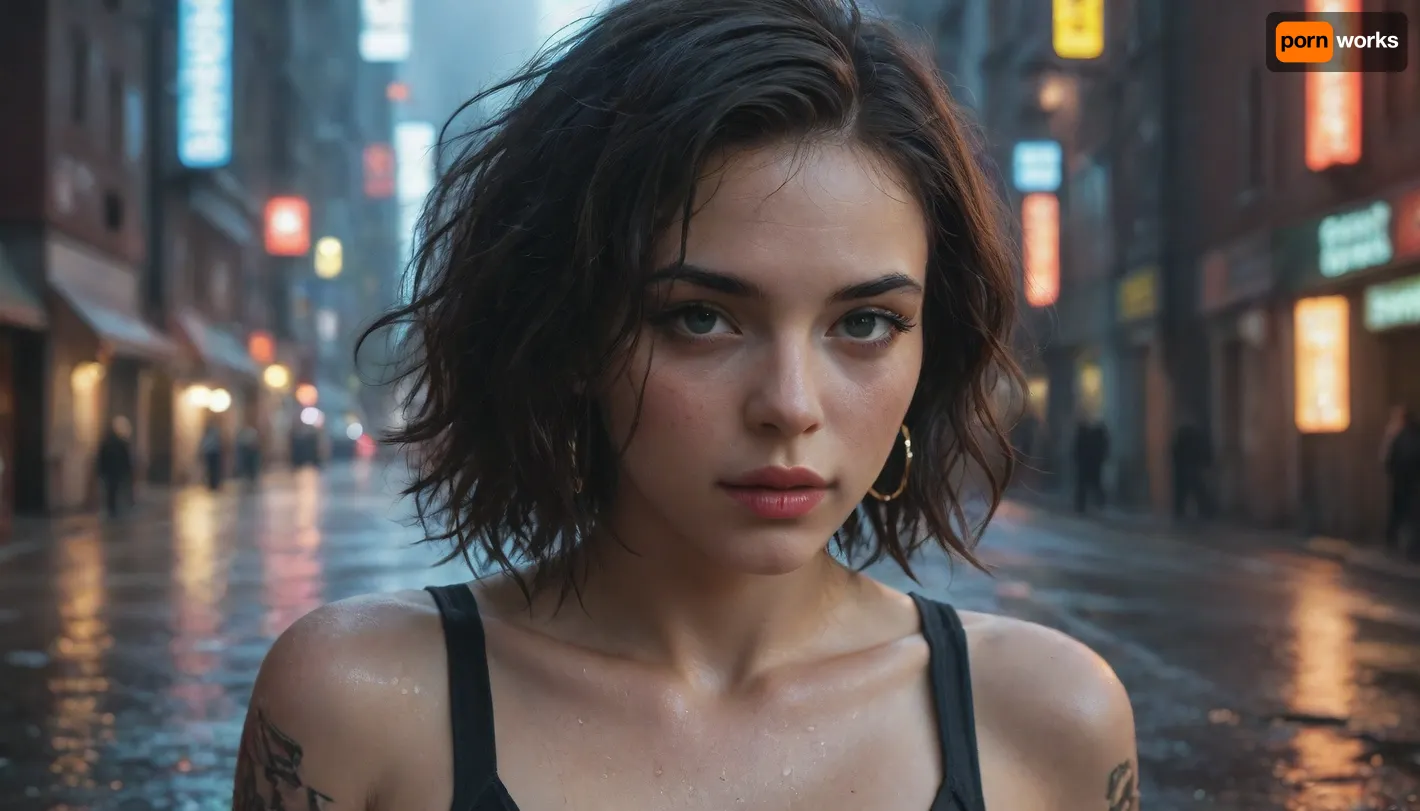 A neon-noir hacker woman with cybernetic tattoos, reflecting city lights on her face, rain-soaked cyberpunk alley.