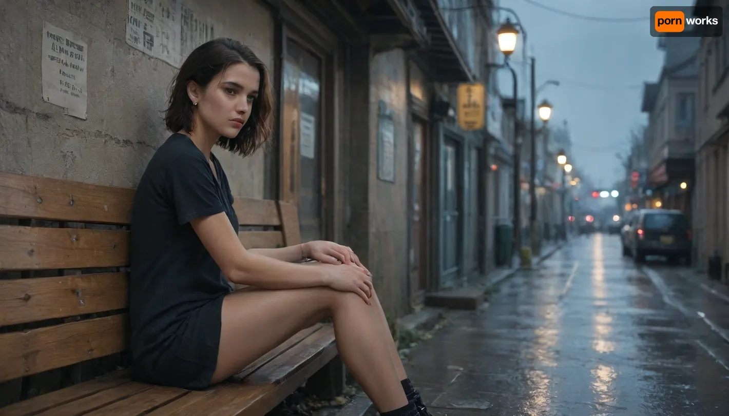 pink dildo in ass, 1girl, short black hair, piercing blue eyes, sitting on bench, hands resting on knees, rain-soaked, raindrops falling around, stormy night, damp street, de_train map, flickering lamp posts, puddles reflecting dim light, distant thunder, industrial shadows, contemplative expression, gritty atmosphere, ultra-detailed