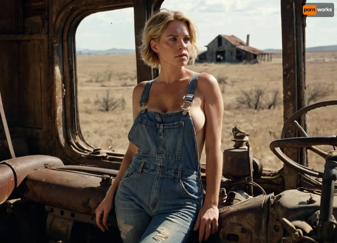 post-apocalyptic farmhouse interior, rustic wooden beams, cracked walls, dust and cobwebs, dim natural lighting through broken windows, lone female farmer, early-to-mid-30s, short blonde hair, freckles, curvy, voluptuous figure, ample bosom, tight-fitting, torn overalls exposing smooth legs, dirty bare feet, one strap fallen off her shoulder, top button unfastened revealing a hint of her lacy black bra, holding a worn rifle in her strong hands, wistful gaze out the window, smoke rising in the distance, (((abandoned fields))), (((barren landscape))), (((dilapidated farm equipment))), melancholic mood, atmospheric lighting, warm color palette, high-detail, hyper-realistic, cinematic composition, 4k resolution, lens flare, depth of field effect