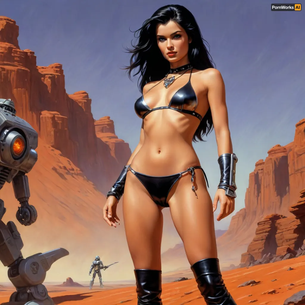 full body view, A dark fantasy book cover of an extremely beautiful woman wearing skimpy black leather bikini and silver jewelry, long black windswept hair, standing on the red planet Mars, Behind her is a robot with orange metal body parts. Drawn in the style of Larry Elmore, with a vintage sci-fi pulp art style, illustrated by Richard Corben, and painted by Frank Frazetta and Gerald Brom., <lora:nudity_v02_i1300:.5>