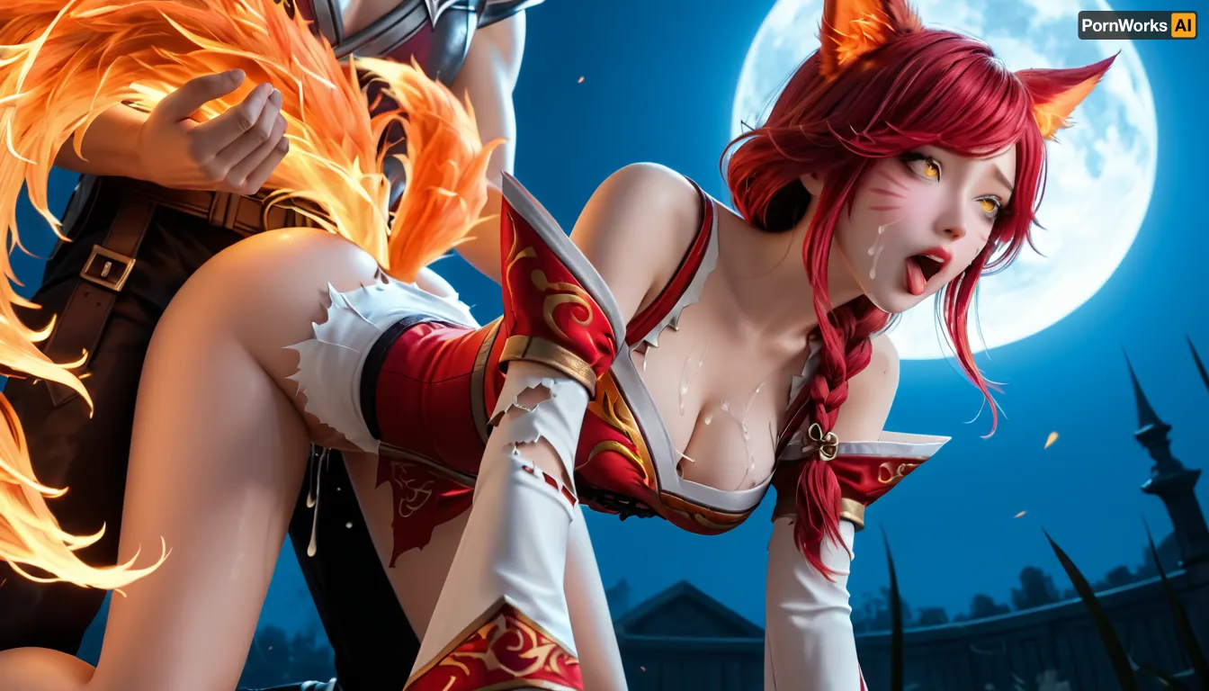 Foxfire Ahri from league of Legends, Dark Red hair, Braided Ponytail, slender body, medium breasts, Fiery fox tails, ripped clothes, ahegao, Below view, glowing yellow eyes, sex from behind, getting fucked by human man, Doggystyle, big dick, cum in pussy, cum on ass, cum on face, cum on breasts, full moon background, ultra detail, (((Dark Red hair:1.3))), (((Fiery Fox Tails:1.3))), (((On hands and knees:1.2))), (((sex from behind:1))), (((ripped clothes:1.4))), ahri, 1girl, long, hair, animal, ears, whisker, markings, korean, clothes, cleavage, detached, sleeves, <lora:ahri_sdxl_lowlearningrate-000024:.8>