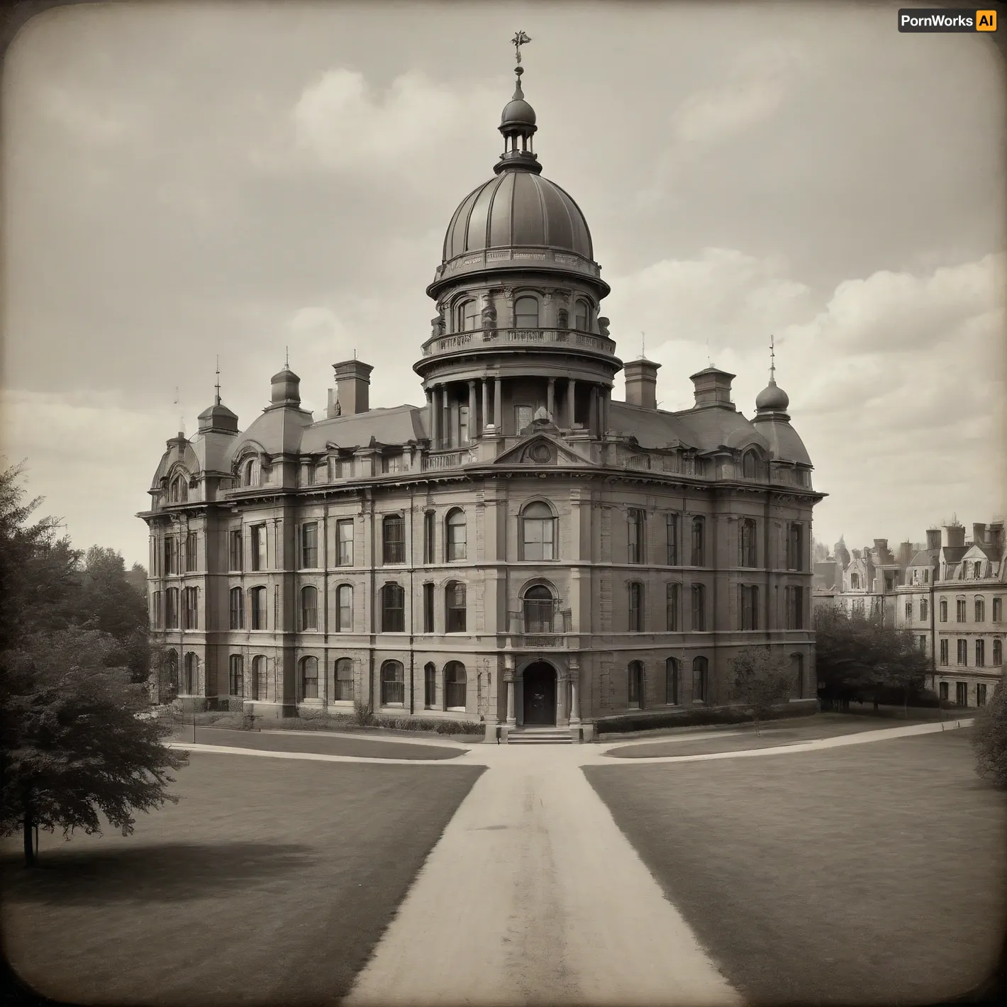 ((19th century vintage Victorian photography:1.7), Victorian entourage, tintype, dry plate, grainy, real, (facing camera:1.2)), the building of Gringotts Wizarding Bank from Harry Potter books series, period-accurate photo, (view from long distance, view from afar:1.5)