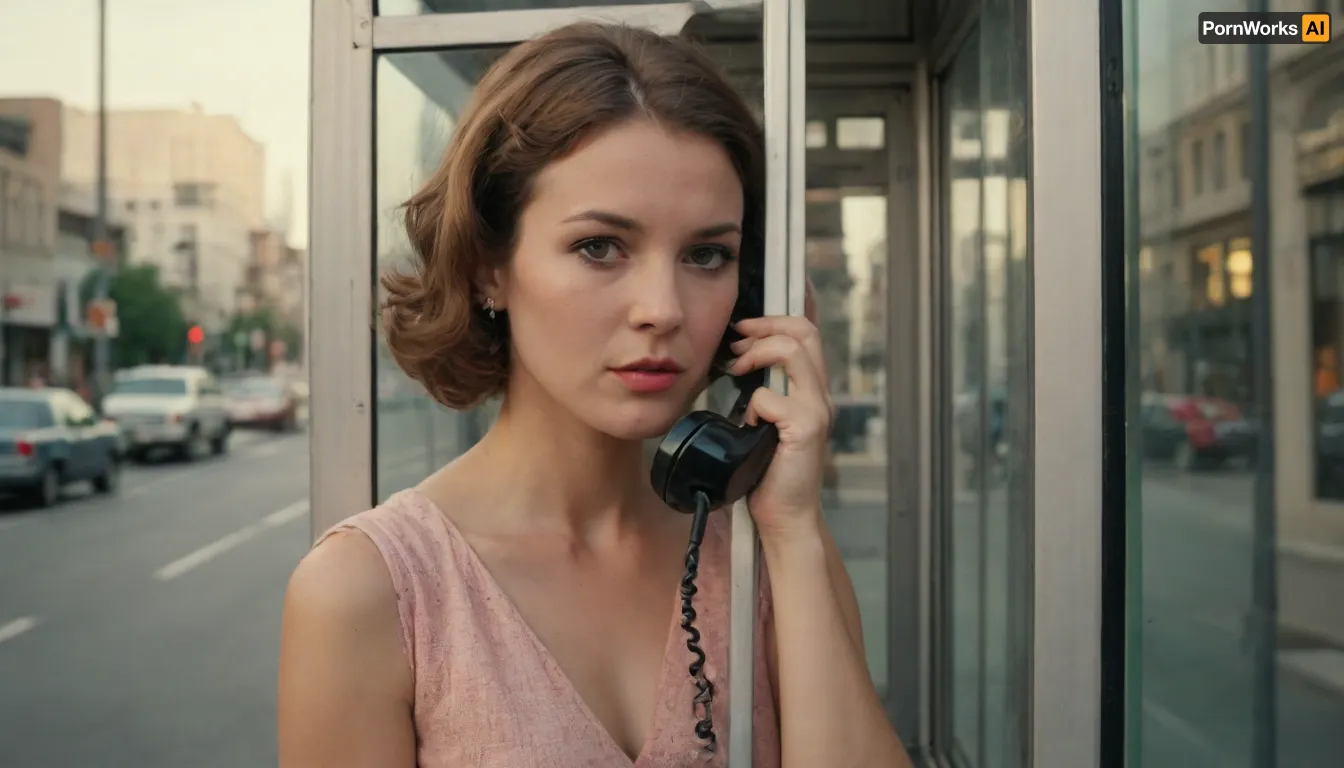 A vintage-style photo of a young woman, 40 years old, standing inside an old-fashioned phone booth in the middle of a city. The woman is seen from behind, holding the phone to her ear. The photo is taken from outside the booth, capturing her through the glass. She is dressed in retro clothing from the 1960s or 1970s. The city around her has a nostalgic atmosphere, with vintage cars and soft, faded colors giving the image an old photo feel. The lighting is soft, like a late afternoon glow.