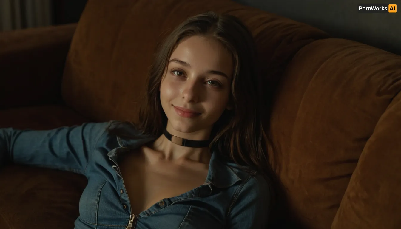 GHTEN, futuristic alien, science fiction, scinematic still, Realistic, photorealistic, cinemascope, ultra realistic 4k, high quality photo, (horizon level), (highly detailed face:1.3), young beautiful 18 years old girl, skinny, very thin waist, small breasts, smile, (girl lies on the sofa in a lewd vulgar pose:1.3), long hair, makeup, (T-shirt:1.2), (jeans:1.2), choker, dim warm light, Rembrandt Lighting style, shadow, partially covered in shadow, Rembrandt shadow style, high contrast, moody, epic, gorgeou, <lora:add-detail-xl:.6>, <lora:Artists_Edge-000006:.6>, <lora:AdvancedEnhancerXLv2:1>