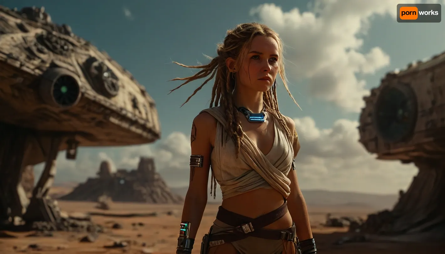 Star Wars Style, heroic full body view of a heavy attacking Jedi Warrior in front of Millennium Falcon, slender, slim waist, blonde matted dreadlocks, flat breasted, sweating, dirt, perfect tanned skin, lucky charm necklace, holding blue lightsaber, highly detailed costume, perfect face, desert, bright sunshine on sweaty skin, deep blue sky, clouds, spaceport, millennium falcon as ally in background, 8k, high resolution, cinematic, <lora:MJ52:.8>