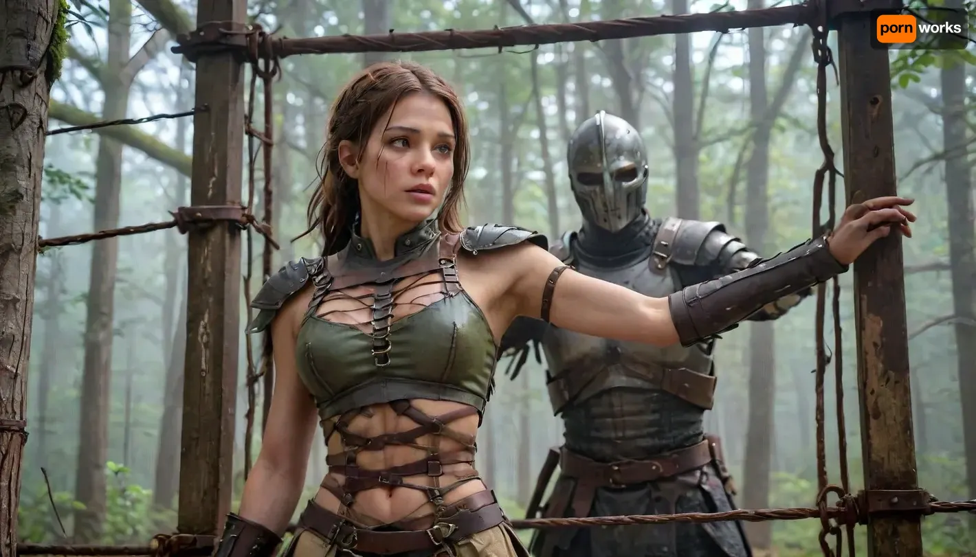girl in a tattered medieval tunic of coarse linen, with frayed edges and traces of dirt, stands in an iron cage that resembles an animal enclosure. Her hair is disheveled, her eyes are fearfully defiant, and her fingers are gripping the bars as if she's trying to defend herself. The cage is surrounded by a misty forest thicket, rusty spikes on the bars and shadows from the branches add to the sense of confinement. There are two hunters around, men in worn leather armor, daggers on their belts and crossbows on their backs. Their postures are aggressive — one is leaning toward the cage, grinning, his hand reaching for the lock, the other is half-turned, eyeing the captive with carnivorous interest. The hunters ' faces are a mixture of cruelty and lustful curiosity, narrowed eyes, stiff neck muscles, greasy grins. **Details to draw, **, **Textures, ** focus on the frayed fabric of the tunic, the gleam of the metal of the cage, the roughness of the tree bark in the background., **Lighting, ** the dim moonlight filtering through the fog creates sharp shadows on the hunters ' faces and glare on their weapons., **Emotions, ** fear and resistance in the girl's eyes, contrasting with the predatory passion of men., **Environment details, ** moss on the ground, broken branches underfoot, cobwebs in the corners of the cage. — * * Colors, ** a muted palette, (gray-green tones of the forest, dark brown leather of armor), with an emphasis on the pallor of the girl's skin and bloody reflections on metal. — * * Composition, ** a bottom view that highlights the threatening position of the hunters, a light haze for an atmosphere of alarm. **Technical instructions, ** Use ultra-detailed rendering for the characters ' faces and hands, 8K texture resolution for rendering small elements, (such as scratches on bars), and dynamic lighting with soft shadows. Add a motion blur to the background to focus your attention on the cell. * Restriction, The description does not contain explicit scenes of violence, but implies a tense atmosphere.*, fantasy, scaled, humanoid, 4ng3l, face, <lora:SDXL_BetterFaces-LoRA_v1:.9>