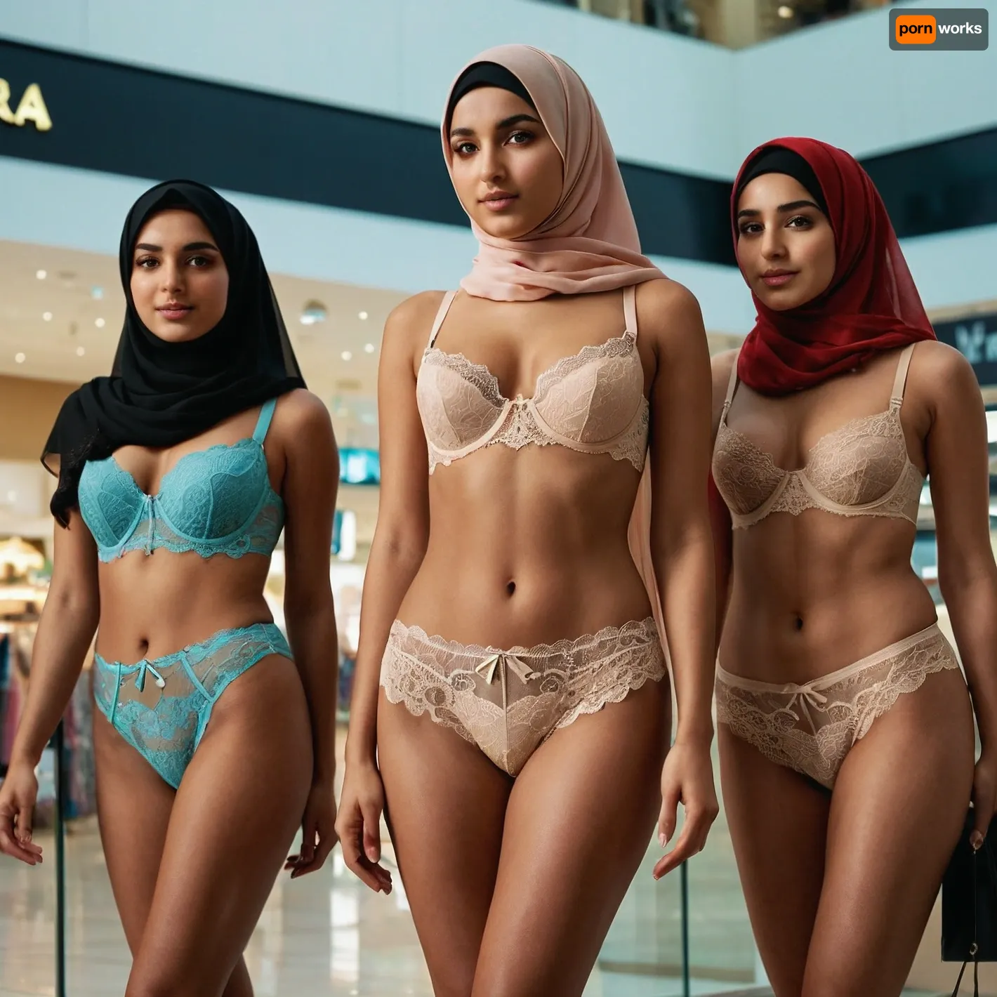 three, (very petite), Arabic women, (20 years old), standing on a stage in a modern shopping mall wearing lace-lingerie, (different colors), lace-bra, lace-panties, lace-hijabs., (realistic, hd, photography), .