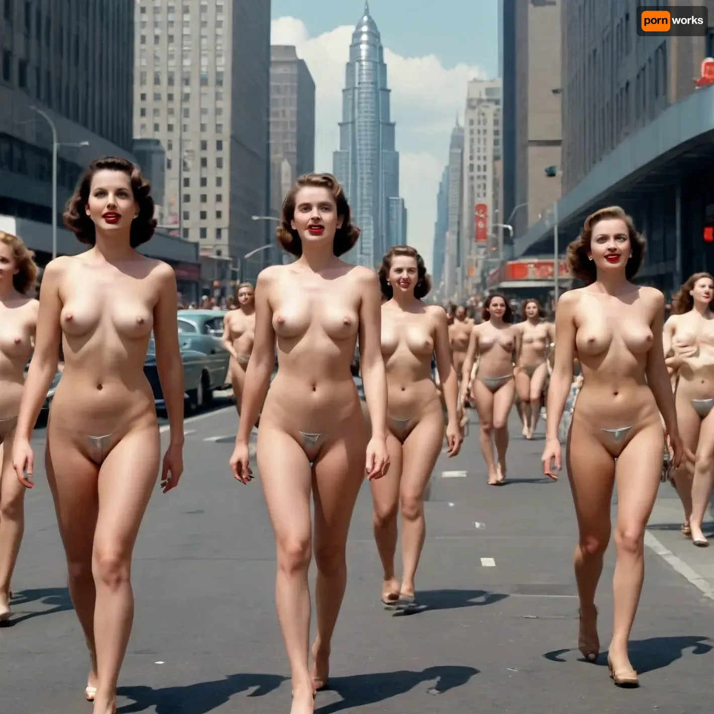 NaKed pedestrians and roketeers buzz about in a 1950's vision of a futuristic city, with bright chrome skyscrapers, flying cars, and happy, fit, naked people smiling and going about their day, perky breasts, trimmed pubic hair