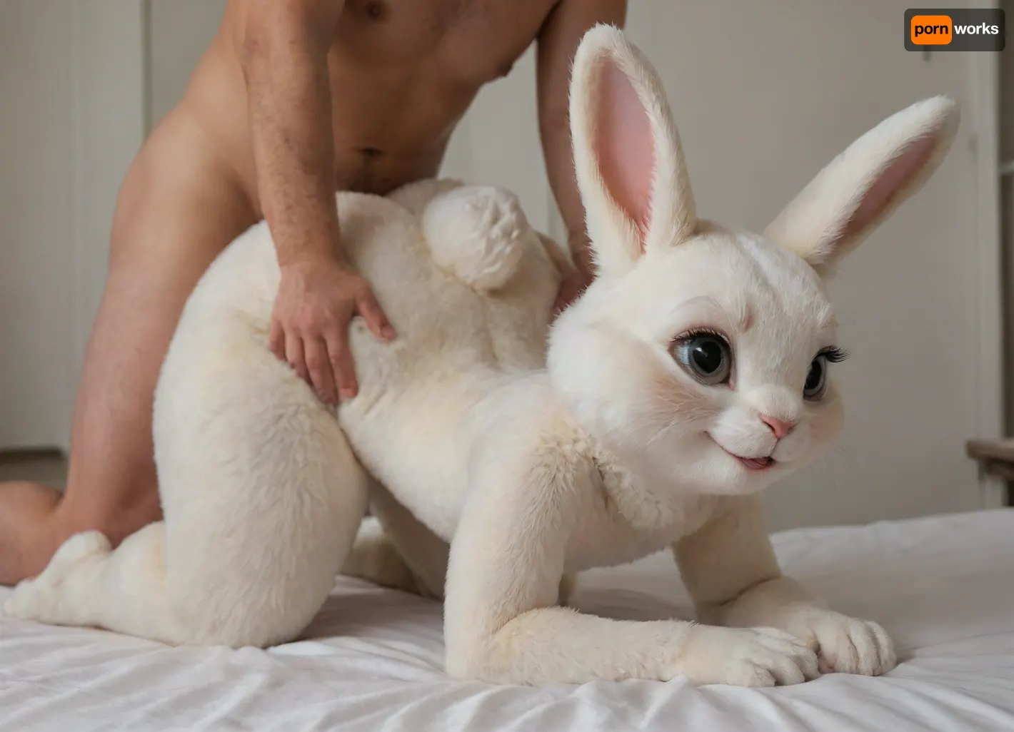 ((fluffy rabbit furry:1.8)), white, cute, big eyes, long eyelashes, (animal:1.5), ((chubby)), (flat chested:1.5), (oversized wide hips:1.5), (oversized thick thighs:1.5), smile, happy. Nude., (View from side), (analsex in doggystyle by male human:1.5), on all fours., ((Anal penetration from behind))