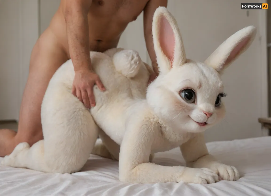 ((fluffy rabbit furry:1.8)), white, cute, big eyes, long eyelashes, (animal:1.5), ((chubby)), (flat chested:1.5), (oversized wide hips:1.5), (oversized thick thighs:1.5), smile, happy. Nude., (View from side), (analsex in doggystyle by male human:1.5), on all fours., ((Anal penetration from behind))
