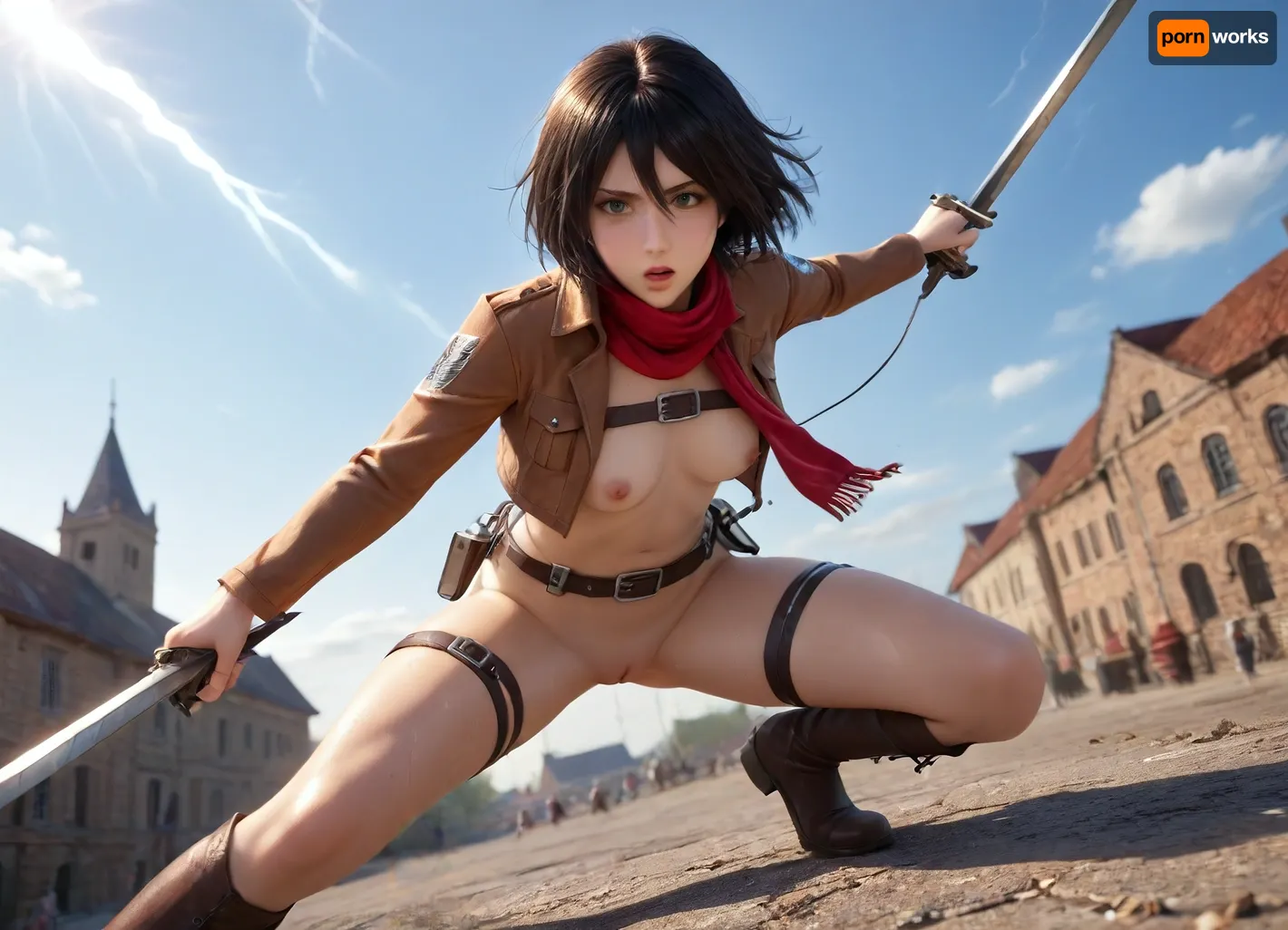 Mikasa ackerman's epic squat fight: a lightning-fueled battle on the rooftops of aot1024