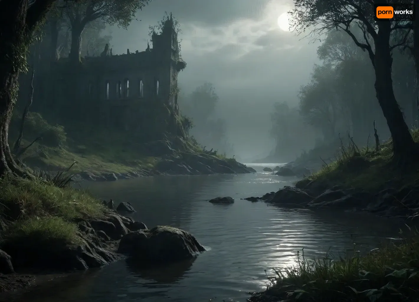 The scene shore with vegetation in the style of dark fantasy-a dystopia with a very detailed and atmospheric environment. The world in the water is magically infected with glowing anomalies, perverted nature. Light that casts eerie shadows. The art style combines elements of medieval fantasy.