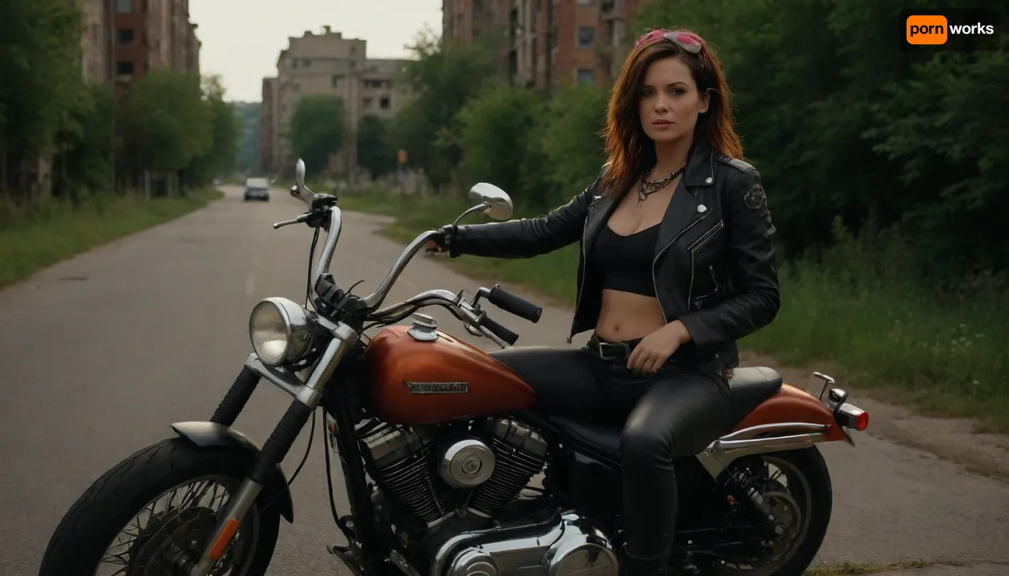 Destroyed post-apocalyptic city, abandoned high-rise buildings without windows, rusty broken cars of different brands on the sides of the street, all overgrown with grass and vines, on the street rides on a motorcycle Harley-Davidson Woman-biker, 40 years old, leather shorts, short leather jacket unbuttoned, no bra, hair covered with a bandana.
