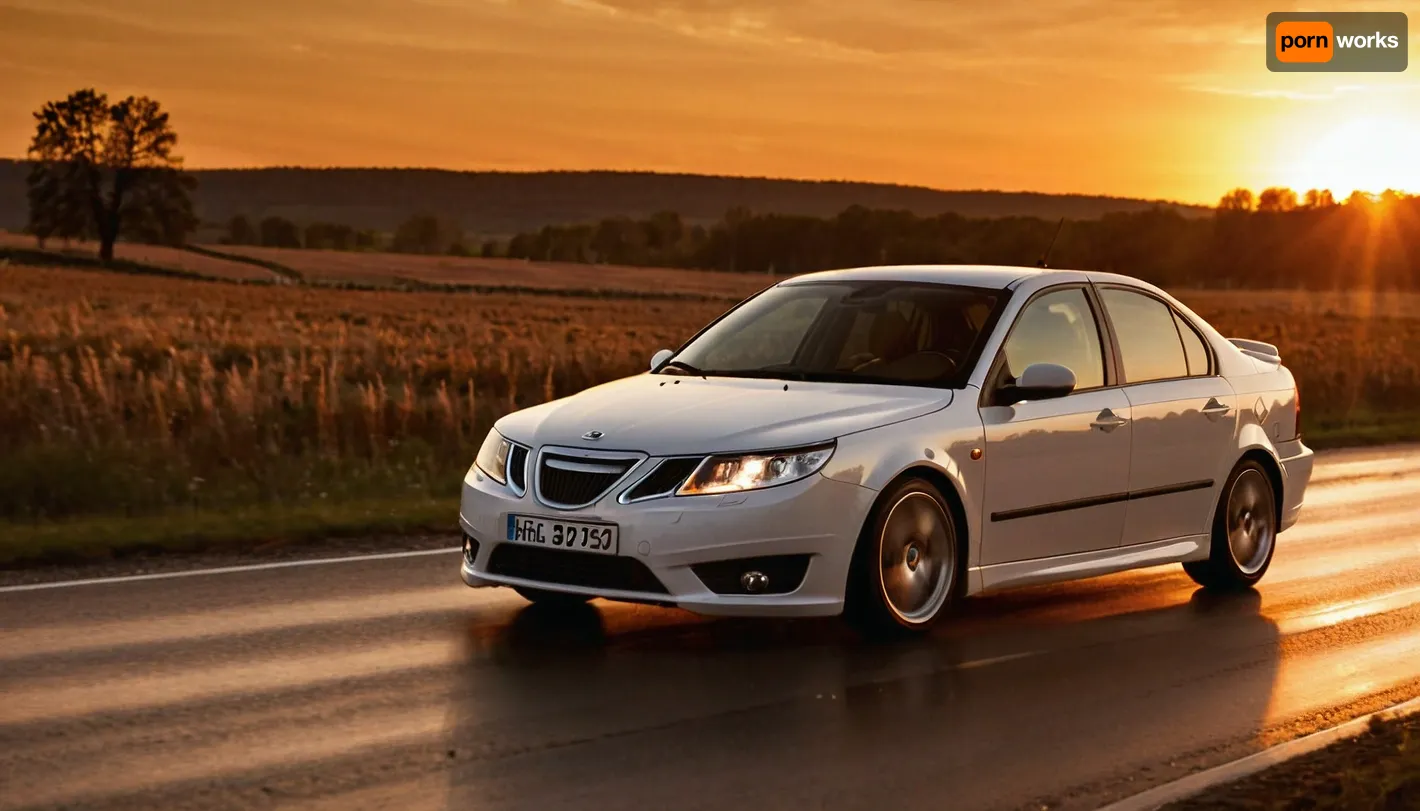 white saab 9-3 car, drifting, sunset