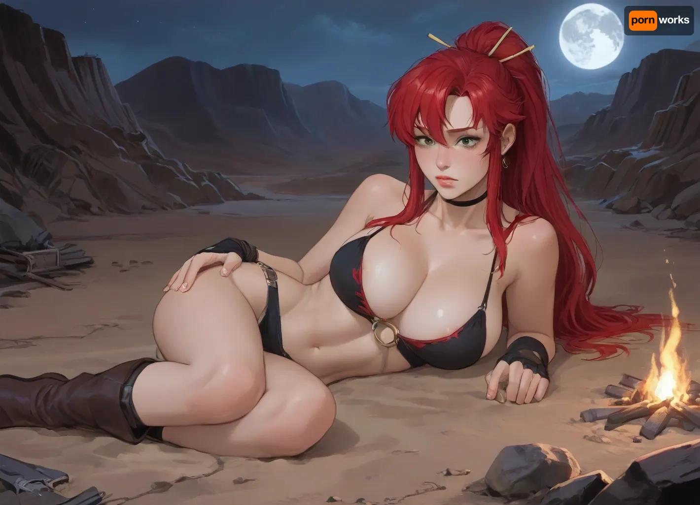 Sorce_anime, score_9, score_8_up, score_7_up, score_6_up, Yoko Littner, (gurren laggan), nipple slip, laying, (on side), fit body, huge round breasts, one knee aside, strocking out breasts, face close-up, fallout desert, bonfire, night, moon, Anime, painted, illustration, made in adobe illustrator, no gradients, incase style, concept, art, by, syd, mead, retro, futuristic, flat colors, ratatatat74, <lora:outline_xl_kohaku_delta_spv5x:.8>, <lora:ratatatat74-000050:.8>, <lora:cartoon_stickers_xl_v1:.8>, <lora:NEOTOKIOXL_0.2_RC:.8>