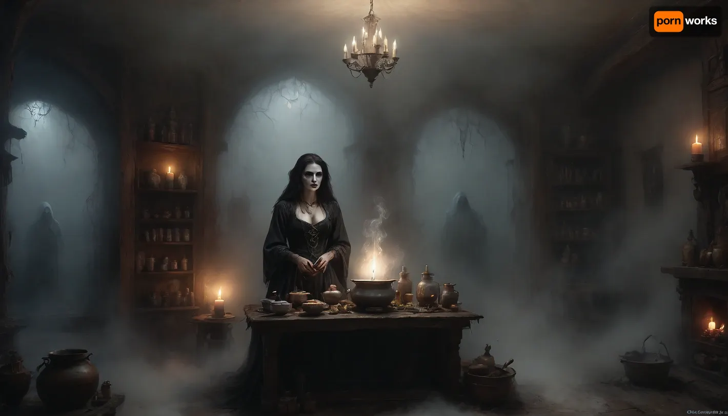 A slender, Very sexy, extremely flat-chested solo, (a witch prepares a magic potion:1.9), She wears an worn authentic wide open witch's outfit. Torn and holey clothes reveal sexy insights. Perfect face. A messy witch's kitchen deep in the forest. A crooked, miserable wooden hut, (A large pot simmers on the open fire.), colorful glowing magic potions are brewing. Numerous potion ingredients are lined up everywhere on the shelves. A highly detailed depiction of the witch's kitchen. The full moon bathes the room in silver light. The warm light from the fire and the candles in the room contrasts. break, (scary apparitions outside in the fog:1.8), ((ghostly, frightening huge white faces appear in the thick fog outside the window:1.8)), Black, and, white, art, black, pencil, shading, charcoal, drawing, toned, paper, brutal, dark, b/w, color, scheme, <lora:Black and white art.V1:1>, <lora:ahxl_v1:1.4>