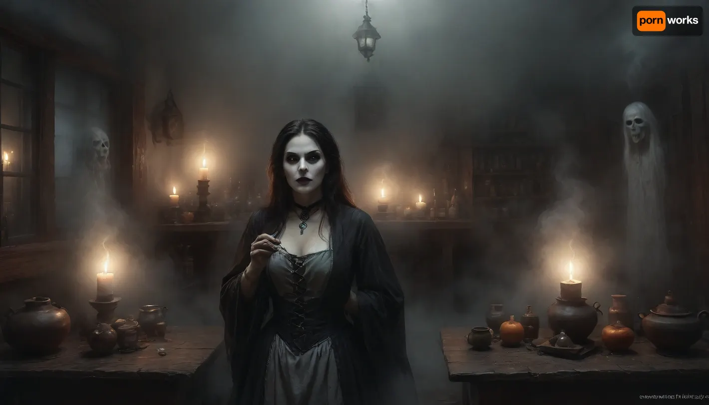 A slender, Very sexy, extremely flat-chested solo, (a witch prepares a magic potion:1.9), She wears an worn authentic wide open witch's outfit. Torn and holey clothes reveal sexy insights. Perfect face. A messy witch's kitchen deep in the forest. A crooked, miserable wooden hut, (A large pot simmers on the open fire.), colorful glowing magic potions are brewing. Numerous potion ingredients are lined up everywhere on the shelves. A highly detailed depiction of the witch's kitchen. The full moon bathes the room in silver light. The warm light from the fire and the candles in the room contrasts. break, (scary apparitions outside in the fog:1.8), ((ghostly, frightening huge white faces appear in the thick fog outside the window:1.8)), Black, and, white, art, black, pencil, shading, charcoal, drawing, toned, paper, brutal, dark, b/w, color, scheme, <lora:Black and white art.V1:1>, <lora:ahxl_v1:1.4>