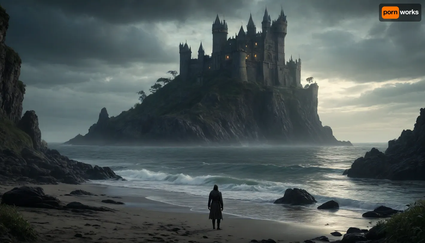 The scene is made on the ocean shore with vegetation in the style of dark fantasy-a dystopia with a very detailed and atmospheric environment. The world in the water is magically infected with glowing anomalies, perverted nature, and the remnants of vanished civilizations. The light is unnatural, casting eerie shadows. The art style combines elements of medieval fantasy.