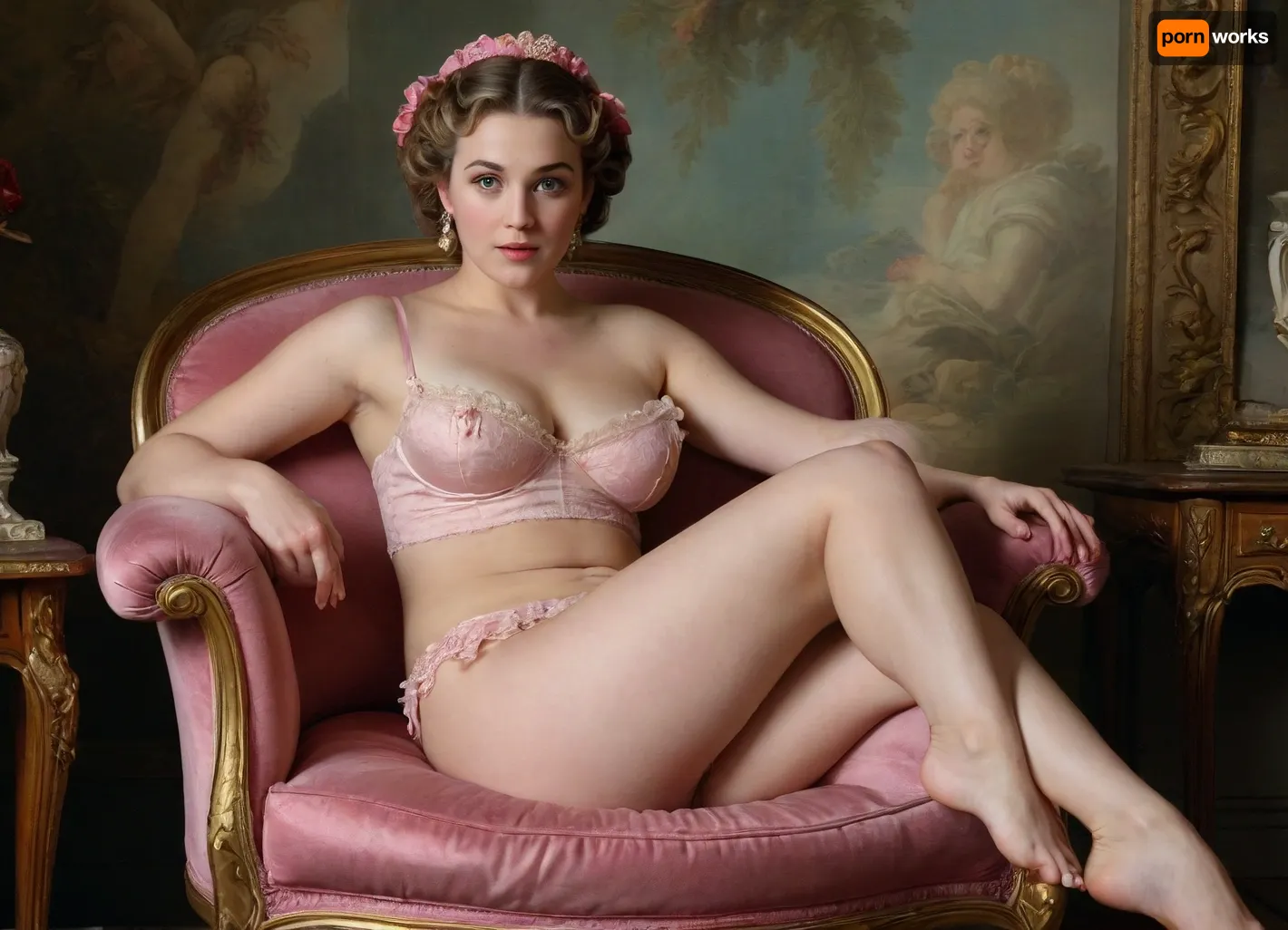 2women, in the style of by François Boucher, ((A beautiful mature curvy milf, 45 years old)), was resting on a wonderful armchair, which represented a shell upholstered in velvet, imitating pink pearl. Her wonderful hair was artfully braided into a crown by a hairdresser. she is full nude. A precious belt, woven of gold threads and pearls, encircled her waist. And, swaying softly, the diamonds were burning on her ears. At her feet, on a stool, sat a young girl dressed as a Phrygian shepherd, wearing a red cap une virago courtisane, who looked more like a pretty, curly-haired boy with an upturned nose and a dimple in his round chin. She kept her loving eyes on the woman and reverently kissed her pink legs, which were drowning in waves of the finest, precious lace., AH_Fragonard, rococo, french, painting