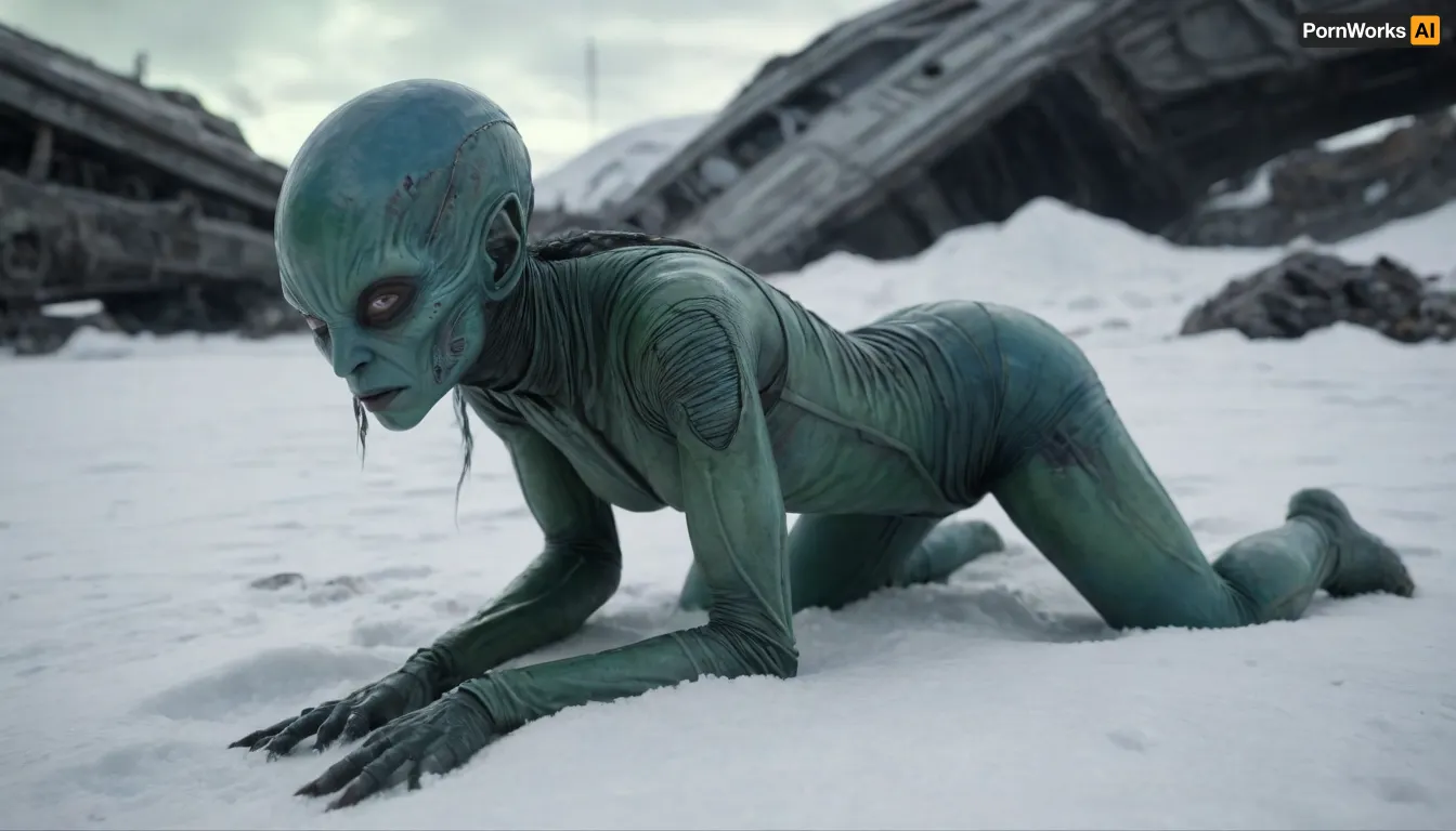 halfnude blue skinned alien female in torn space jumpsuit crawling through the snow, prostrated, wrecked, wounded, helpless, her broken wrecked space ship in background, not human, alien body, alien proportion, alien anatomy, green blood