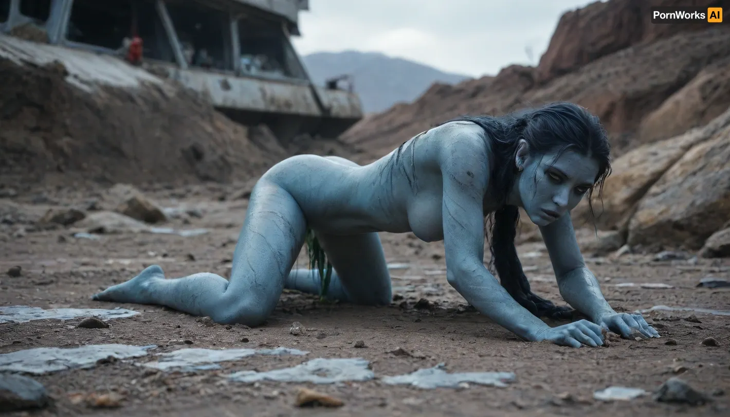(not human, alien body, alien proportion, alien anatomy, green blood, (blue skin, scaly snake skin, reptile-like skin, scales)), alien female in torn and tattered space jumpsuit creeping through the snow, crawling, prostrated, (((halfnude))), wrecked, wounded, helpless, her broken wrecked space ship in background, (full-length image:1.3)