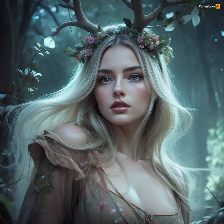 a retrofuturism watercolor illustration of a adult beautiful woman with flowery antlers in a forest clearing, holding, complicated, She has a pretty coquettish faded face, elaborate hairstyle, small breasts, detailed crystal eyes, light glowing irises, heartshaped lips, lip gloss, aroused skin, dramatic sunset, long shadows, fog, fairytale atmosphere, detailed photo, photorealistic photo, realistic pretty women photo, night vision, soft fokus, parallax, overexposure, #©KITTYART



































#©KITTYART