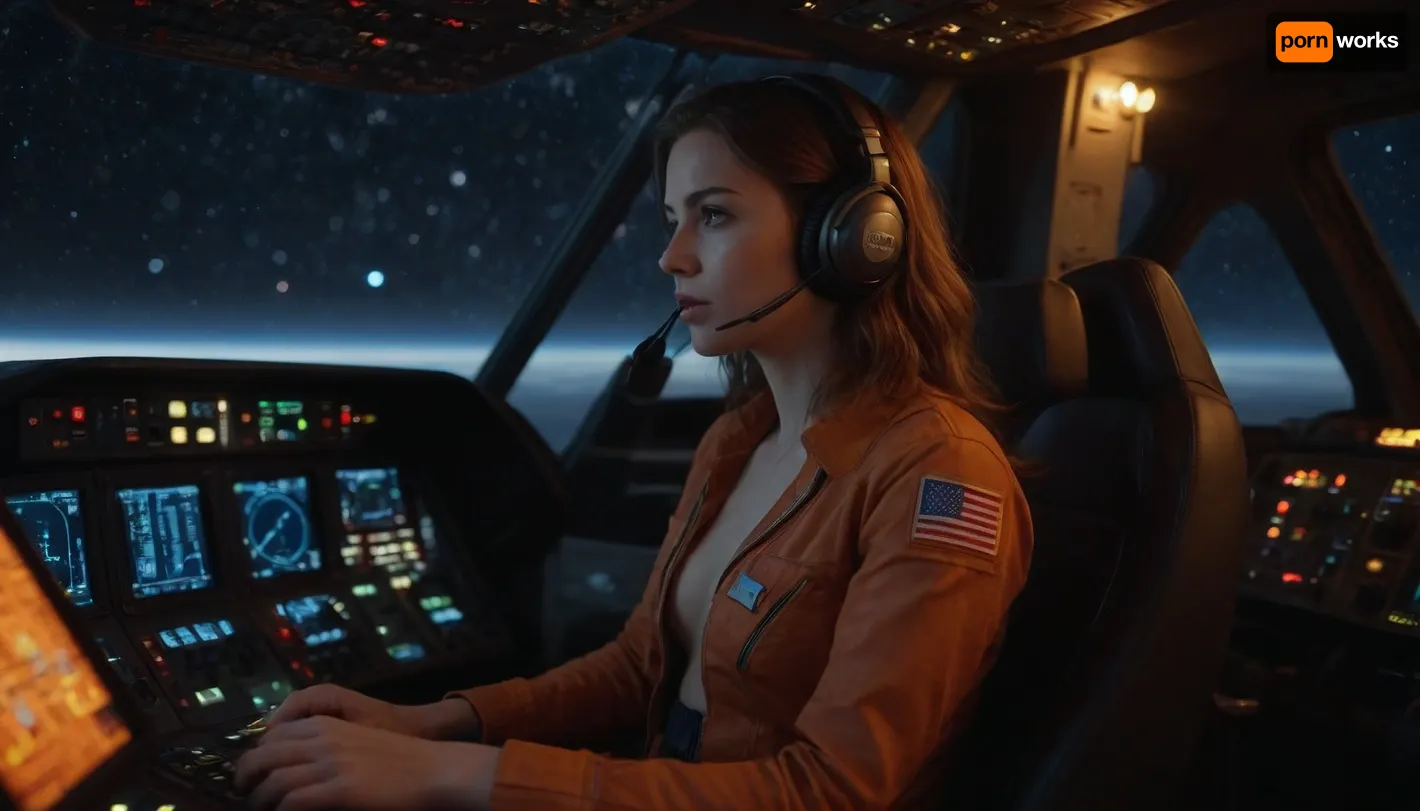 Beautiful young girl, in unbuttoned jumpsuit, sitting in the pilot's seat at the control panel of a spaceship, Milky Way and stars are visible behind the cockpit, full-length photo, profile view, 8K quality, super detailed image