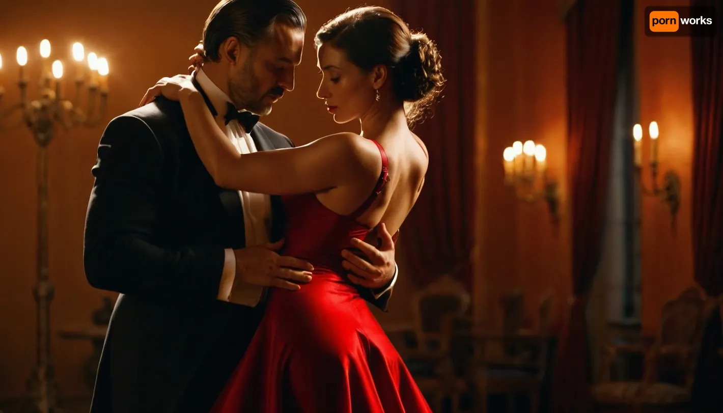 Tango is the dance of passion. Super sexy dress, a strap from one shoulder fell down, (one breast is naked:.8), the whole body in kare, quality 8K