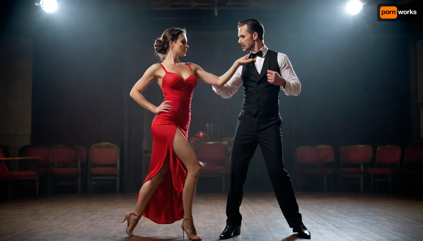 Tango is the dance of passion. Super sexy dress, a strap from one shoulder fell down, (one breast is naked:.8), the whole body in kare, quality 8K