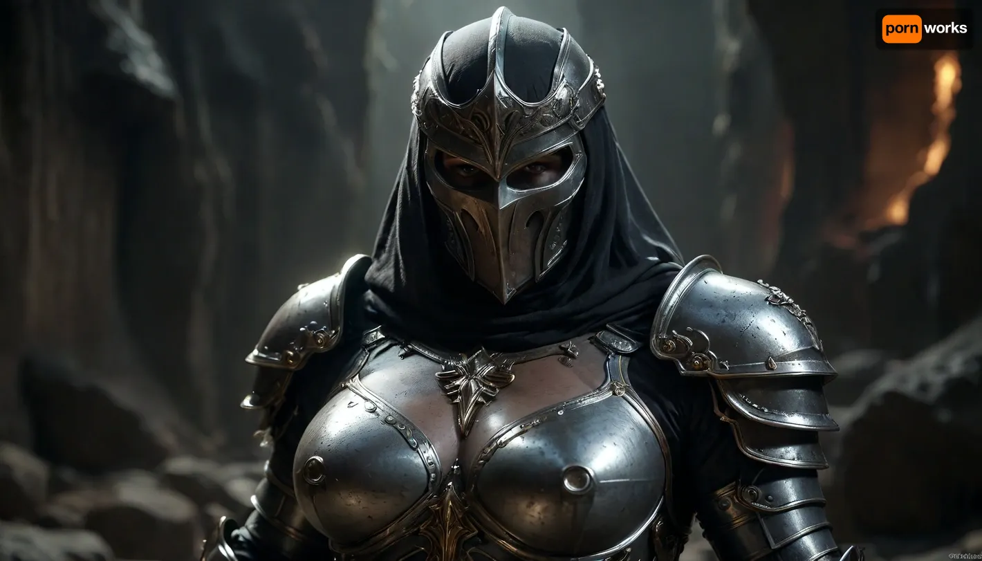 Uber realistic, 8k, ultra detailed, ((massive ass:1.4)), ((massive breasts:1.4)), masterpiece, mature fantasy paladin warrior, (holy shining silver armor), holding polearm in right hand, underground cave, (full_helmet:1.3), closed_helmet, visor, (face covered:1.5), night, realistic detailed eyes, realistic detailed armor, realistic detailed body, realistic detailed skin, hkstyle, detailxl, <lora:add-detail-xl:1.5>, <lora:style_lora_realis:1>, <lora:dark:.8>, <lora:hkstyleV5:1>