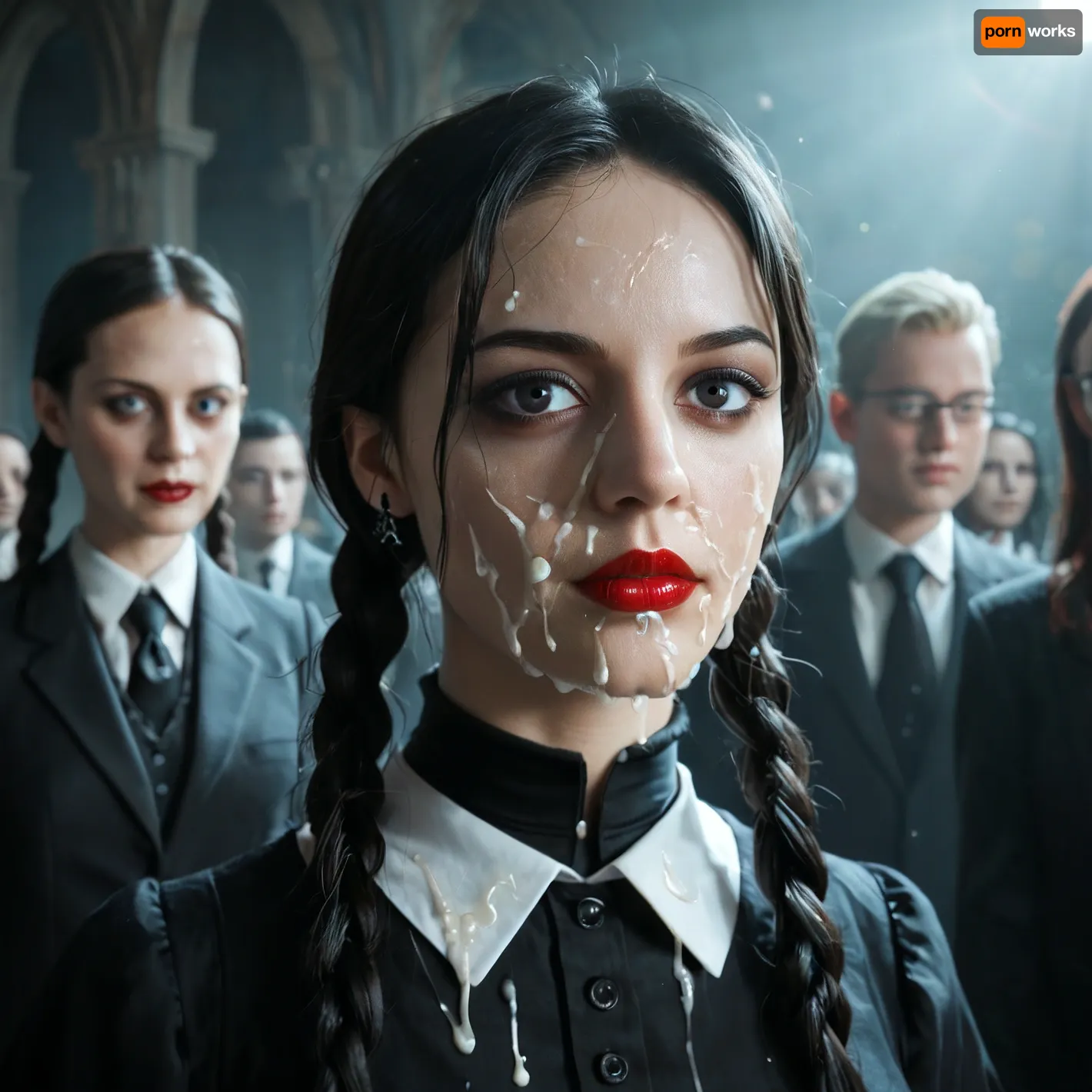 facing camara, 1 girl solo, sppoky moonlight mansion in distance, (intricate detailed Wednesday Addams face), intensely proud expression, (huge dark eyes with detailed black iris:1.2), dark bllod red lipstick detailed high collar buttoned black gothic top, very long very thick black briaded pigtails hair, several strings of thick lumpy white cum splashed across her face, after messy bukkake, several strings of thick lumpy white cum splashed over her hair, cum dripping, high detail, sharp focus, perfect lighting, awesome, dslr, 4k high quality. extra detail, extra sharp, magical, perfect moment, natural skin, pores, w3dn3sd4y, <lora:Wednesday-Jenna SDXL1.0:.8>